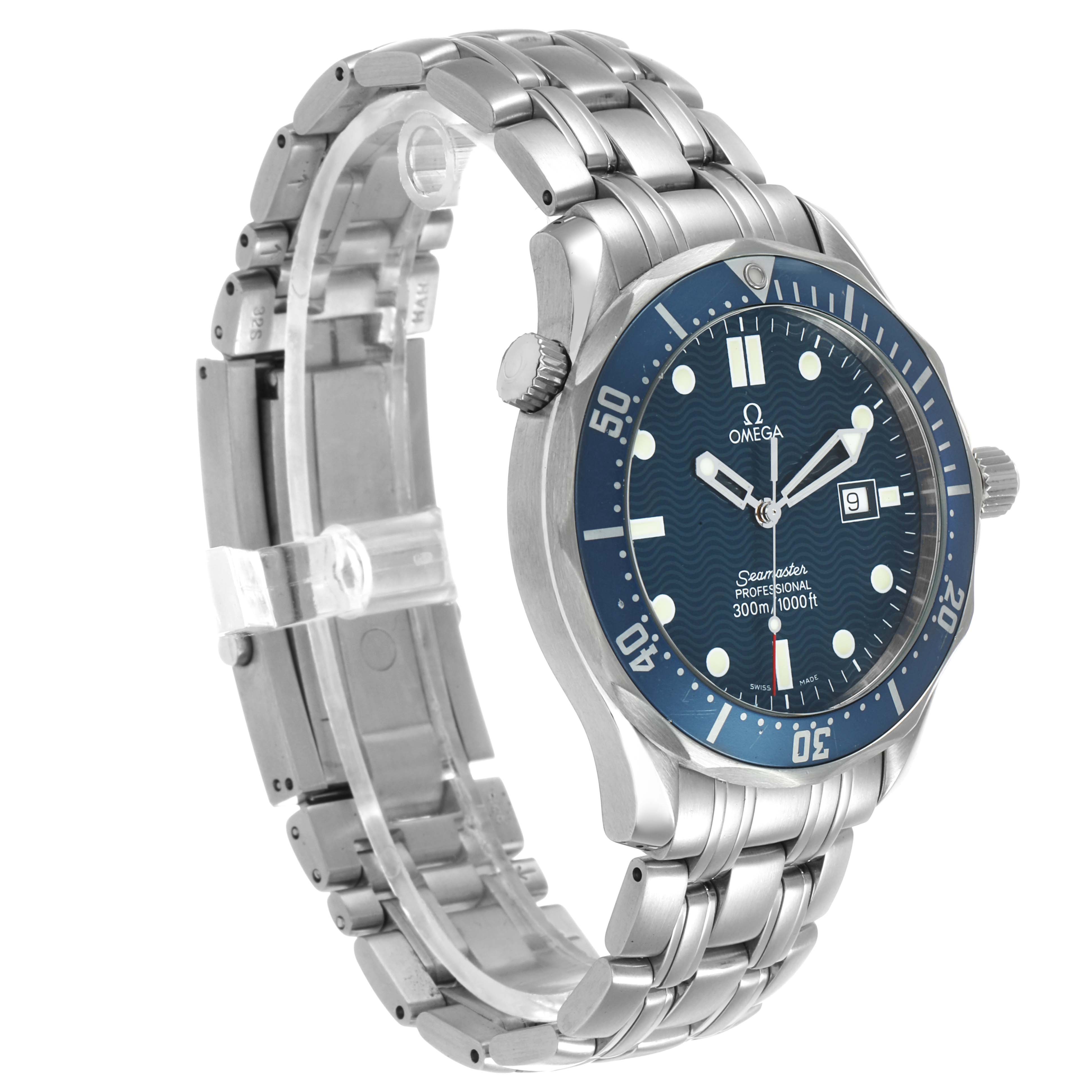 The Omega Seamaster 2541.80.00 Men's Stainless Steel Blue Dial watch is shown at a three-quarter angle, displaying the face, bezel, crown, and bracelet.