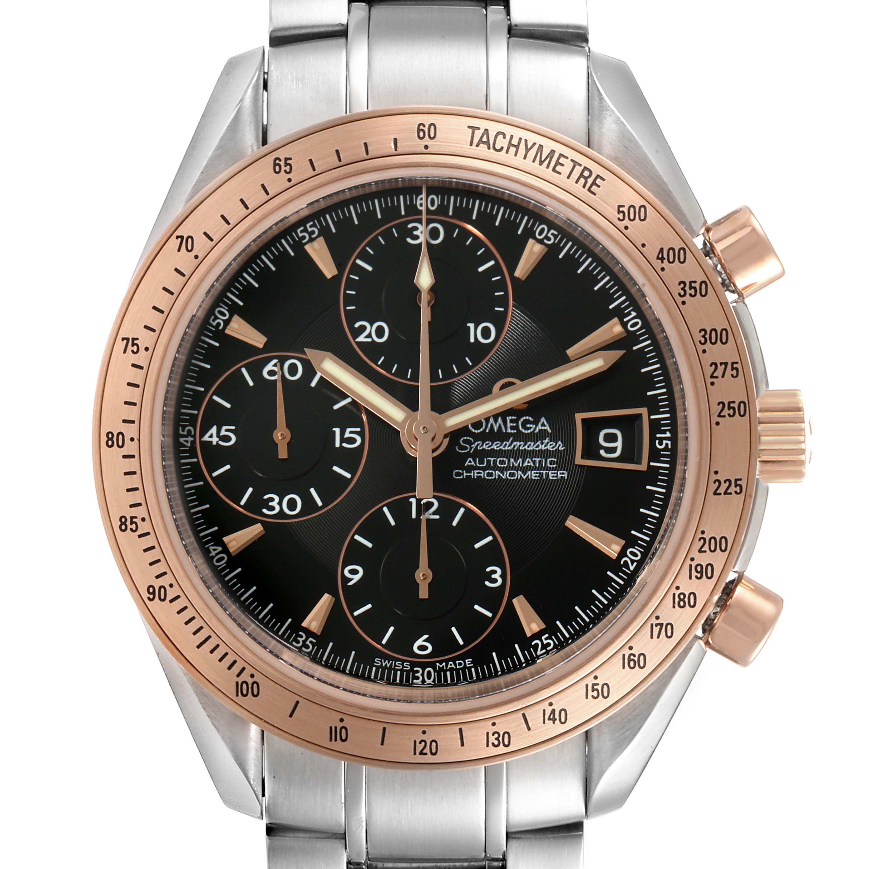 The image shows a front view of the Omega Speedmaster 323.21.40.40.01.001 Men's Steel and Gold (two tone) Black Dial 323.21.40.40.01.001 Men's Steel and Gold (two tone) Black Dial watch, highlighting its face, bezel, and part of the bracelet.