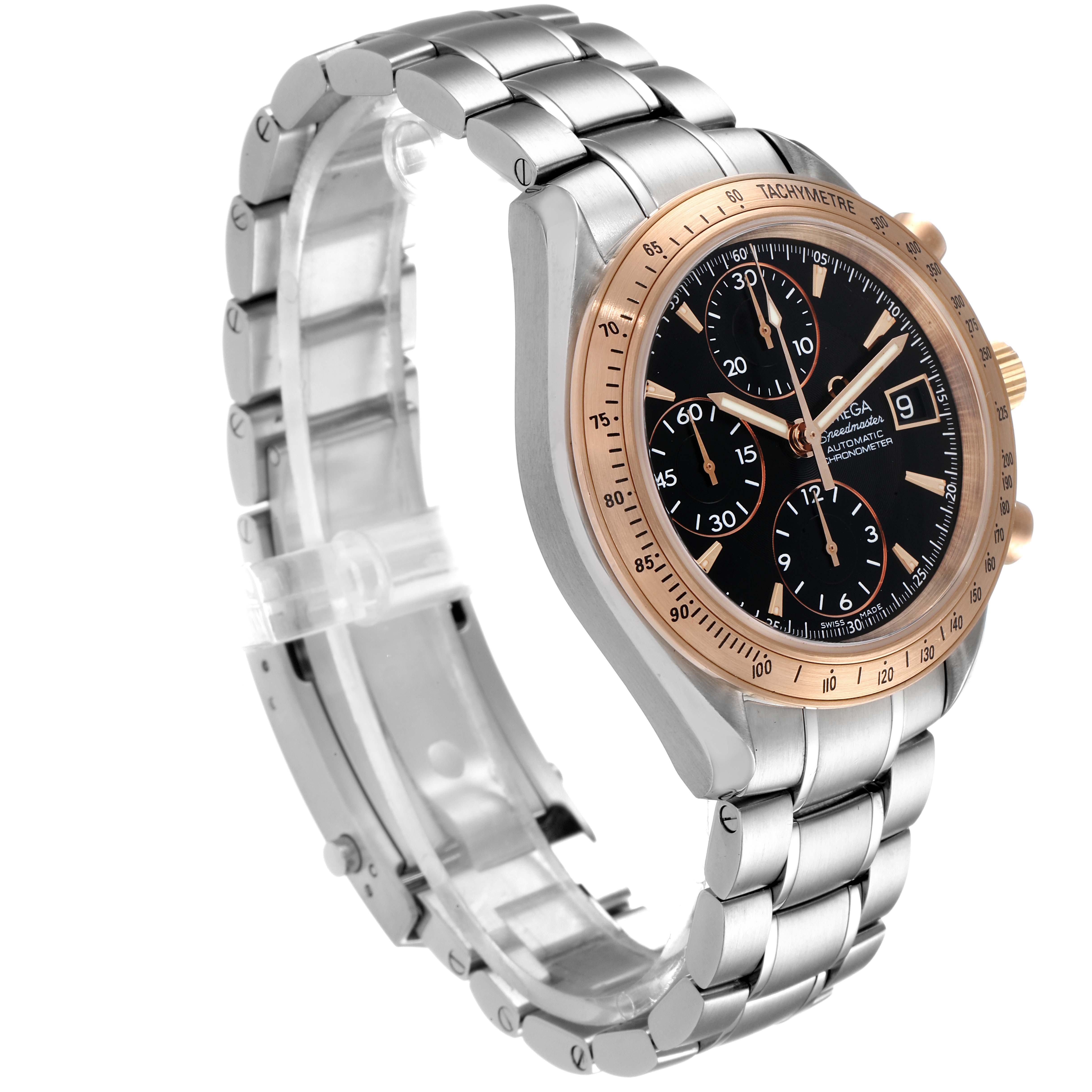 The Omega Speedmaster 323.21.40.40.01.001 Men's Steel and Gold (two tone) Black Dial 323.21.40.40.01.001 Men's Steel and Gold (two tone) Black Dial watch is shown at a slight angle, highlighting its face, dials, bezel, and stainless steel bracelet.