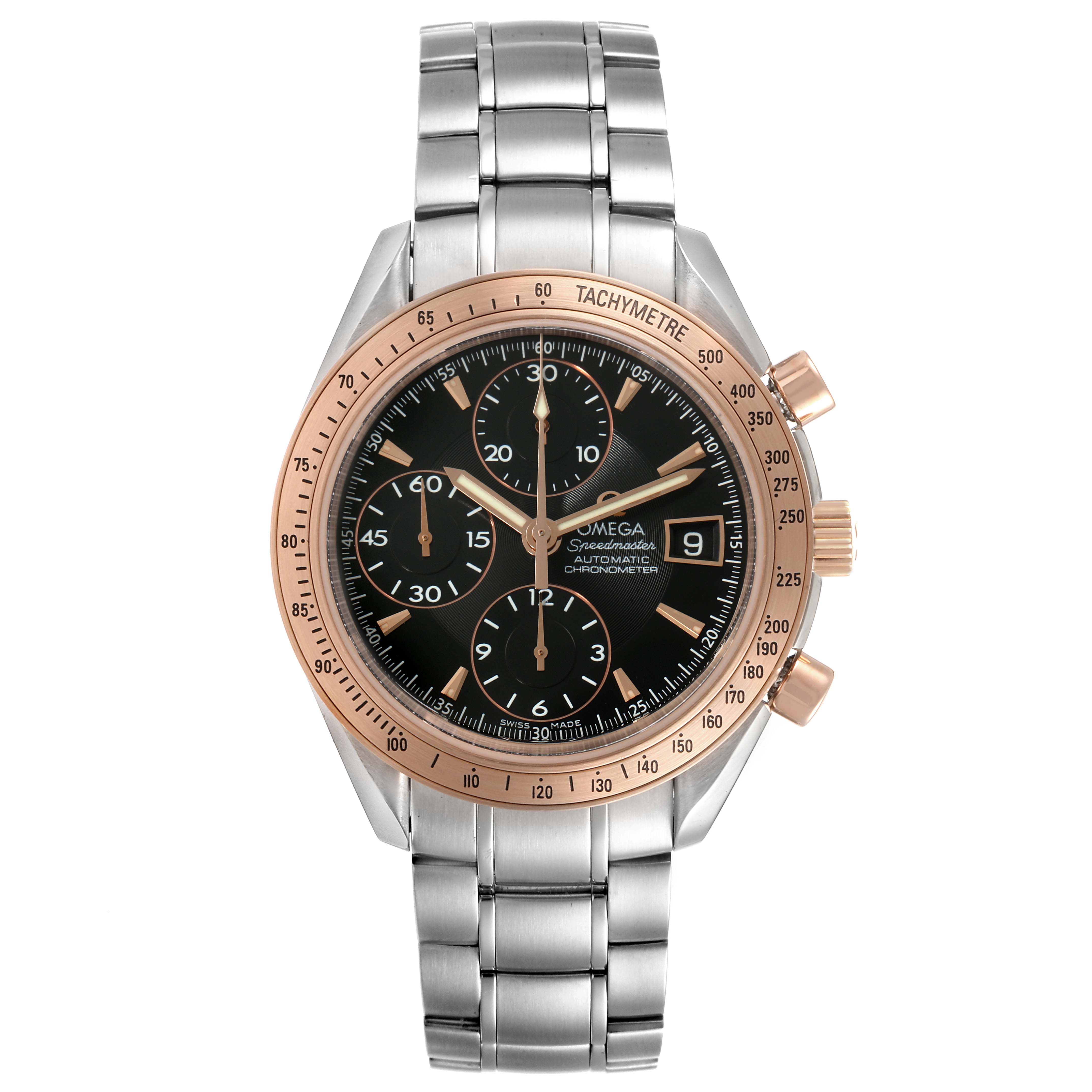 The image shows a front angle view of an Omega Speedmaster 323.21.40.40.01.001 Men's Steel and Gold (two tone) Black Dial 323.21.40.40.01.001 Men's Steel and Gold (two tone) Black Dial watch, displaying its face, bezel, and stainless steel bracelet.
