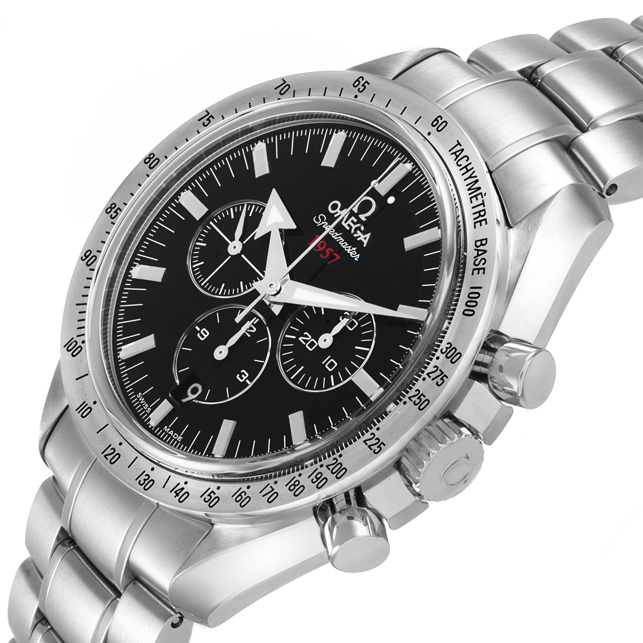 The image shows an angled view of the Omega Speedmaster 321.10.42.50.01.001 Men's Stainless Steel Black Dial, displaying its dial, tachymeter bezel, and chronograph pushers.