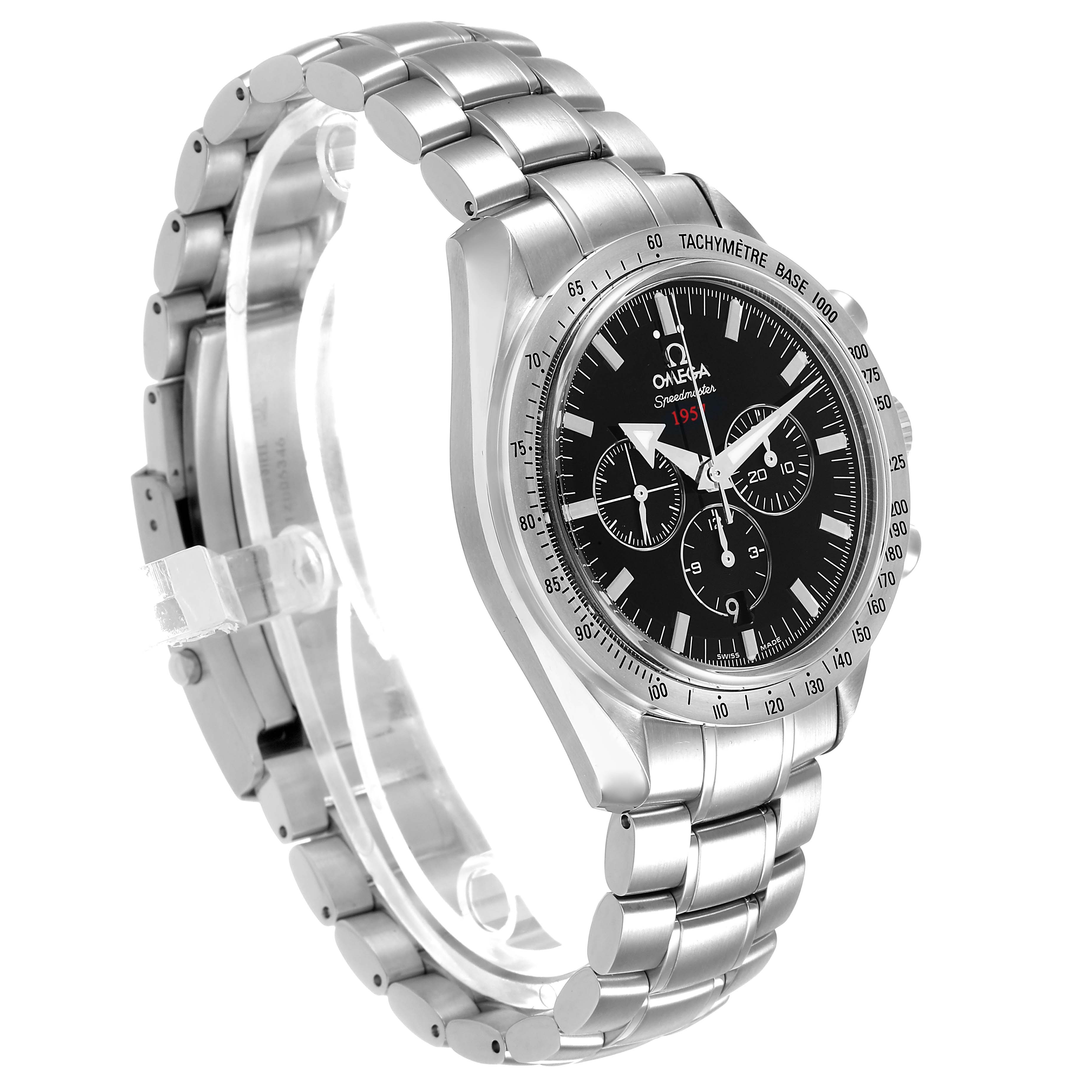 The Omega Speedmaster 321.10.42.50.01.001 Men's Stainless Steel Black Dial watch is shown from a three-quarter angle displaying the face, tachymeter bezel, and stainless steel bracelet.