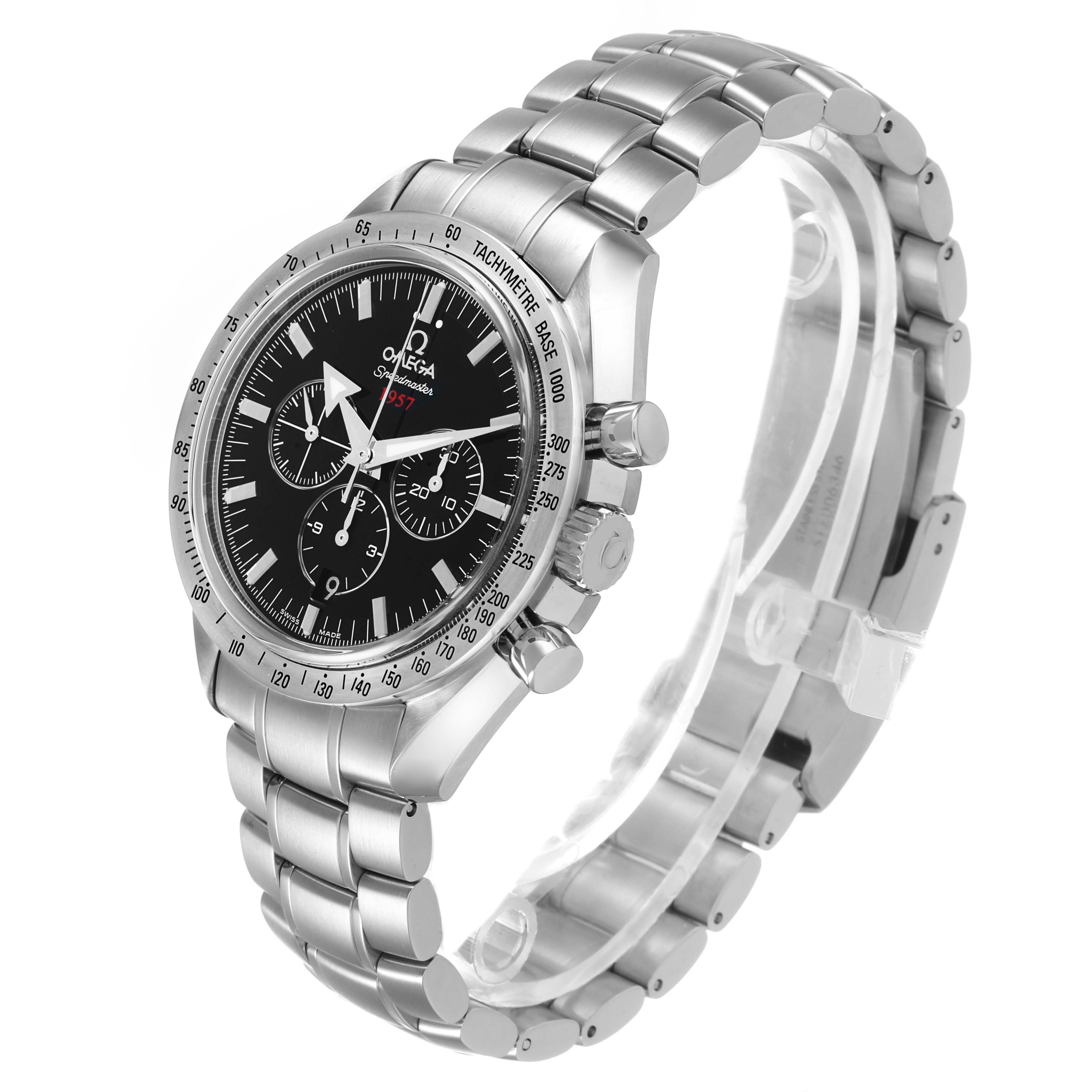 The Omega Speedmaster 321.10.42.50.01.001 Men's Stainless Steel Black Dial watch is shown at a three-quarter angle highlighting the dial, bezel, crown, and stainless steel bracelet.