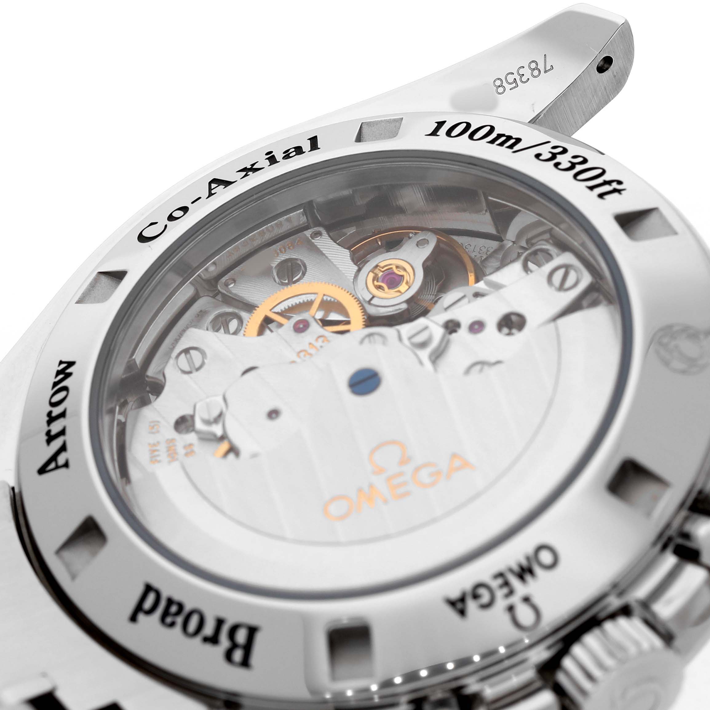 The image shows the back view of an Omega Speedmaster 321.10.42.50.01.001 Men's Stainless Steel Black Dial, highlighting its Co-Axial movement and casing details.
