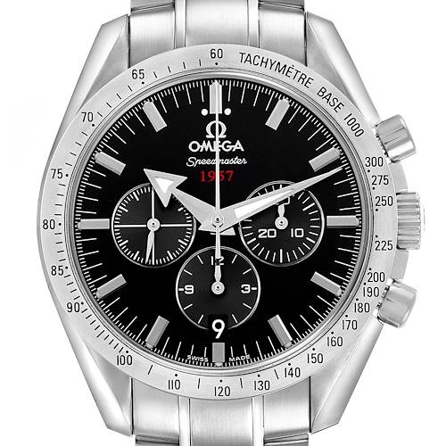 The Omega Speedmaster 321.10.42.50.01.001 Men's Stainless Steel Black Dial watch is shown from the front, highlighting the bezel, dial, subdials, and bracelet.
