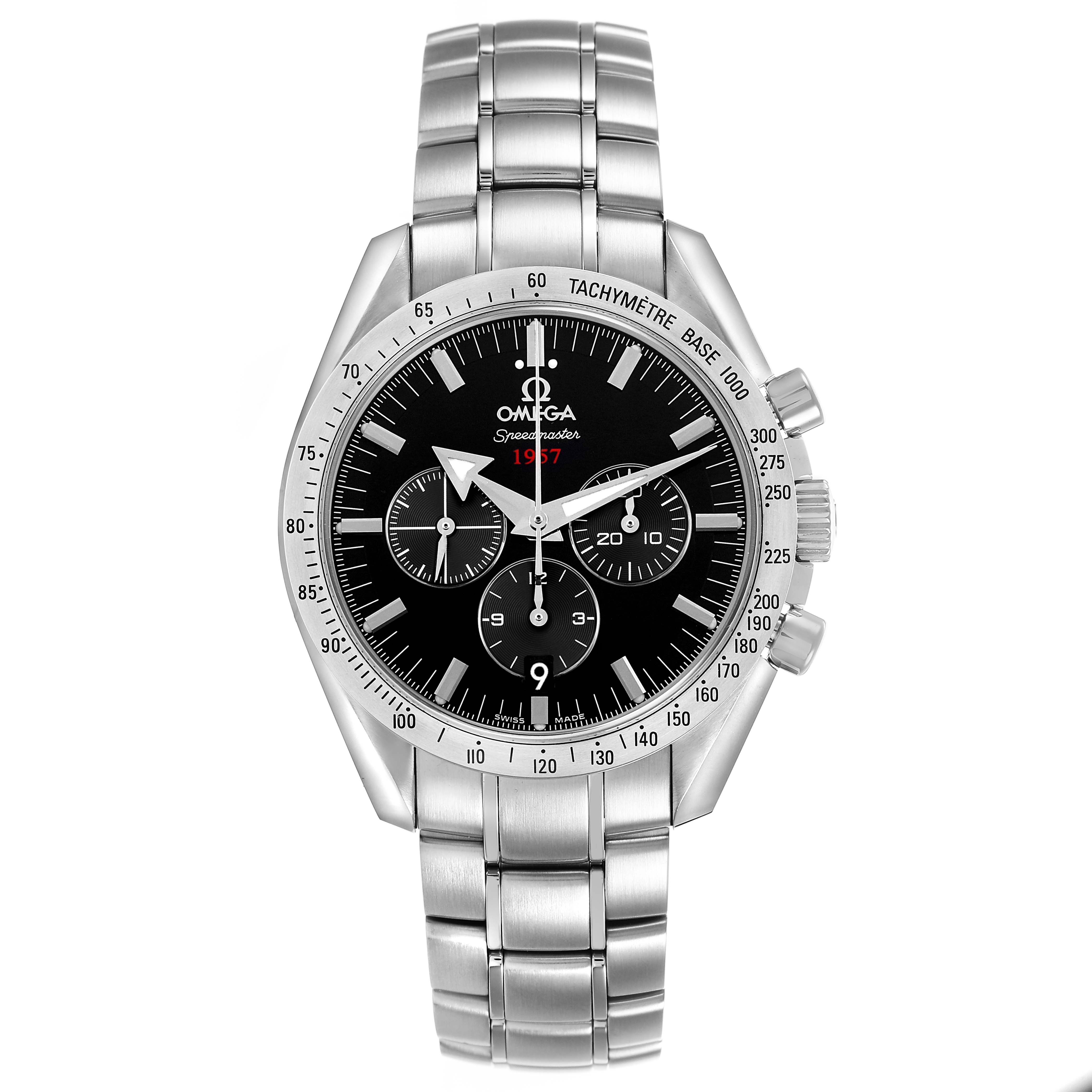 The Omega Speedmaster 321.10.42.50.01.001 Men's Stainless Steel Black Dial watch is shown from the front, displaying the face, bezel, bracelet, and crown.