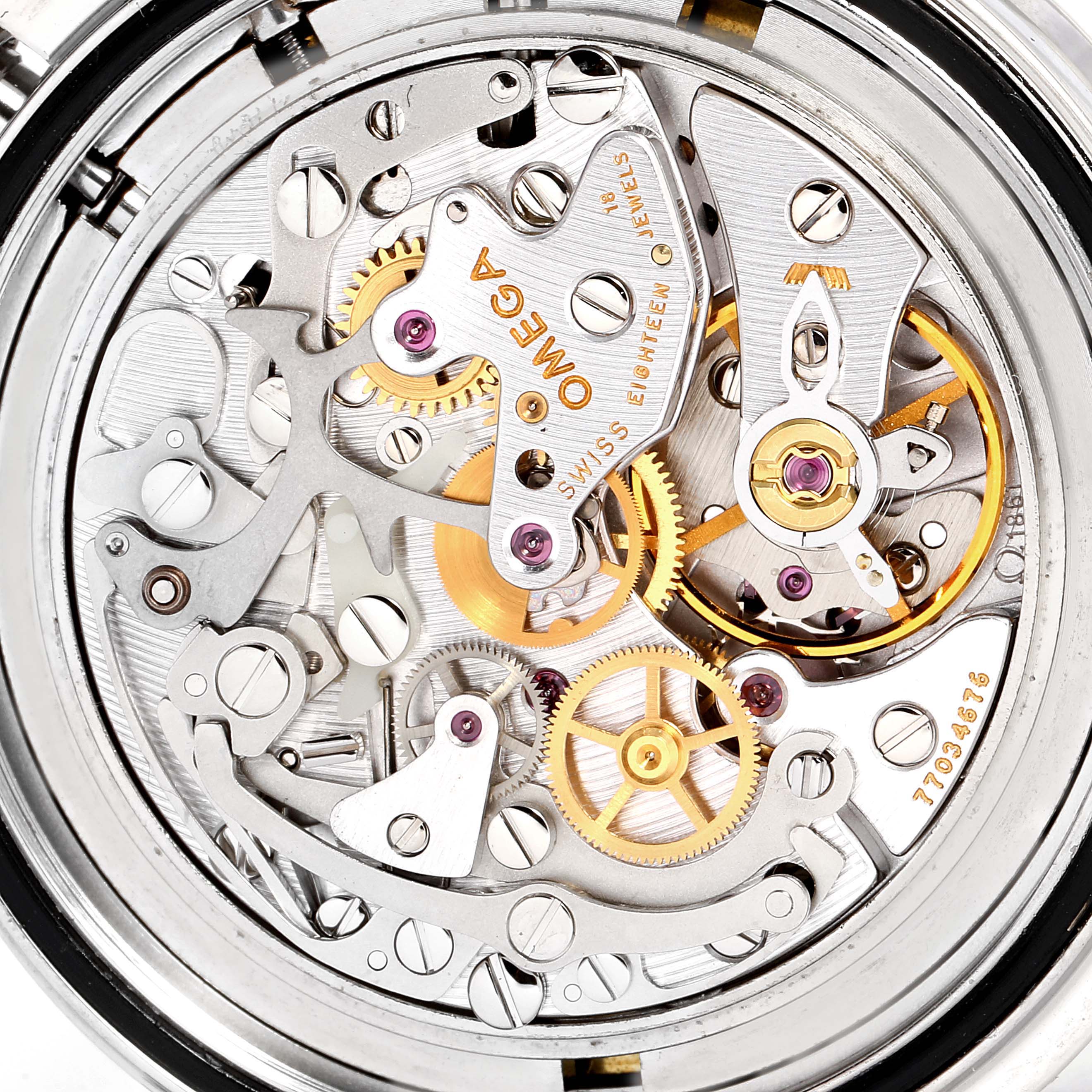 The image shows the movement and internal mechanics of an Omega Speedmaster 3570.50.00 Men
s Stainless Steel Black Dial 3570.50.00 Men
s Stainless Steel Black Dial watch, viewed from the back.