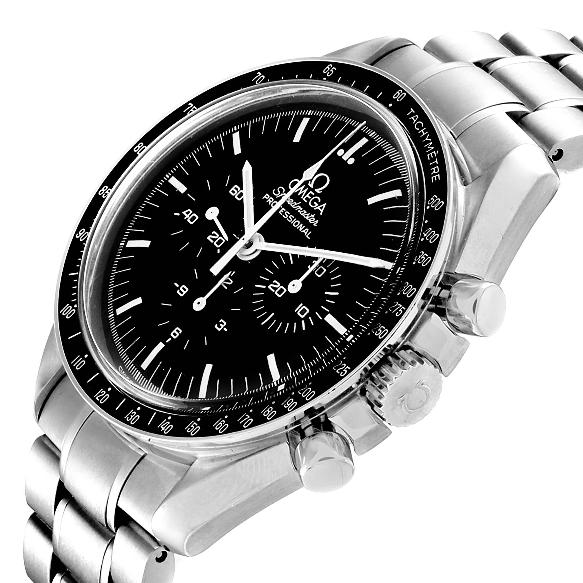 The image shows an angled view of the Omega Speedmaster 3570.50.00 Men
s Stainless Steel Black Dial 3570.50.00 Men
s Stainless Steel Black Dial watch, highlighting its face, bezel, crown, and part of the bracelet.
