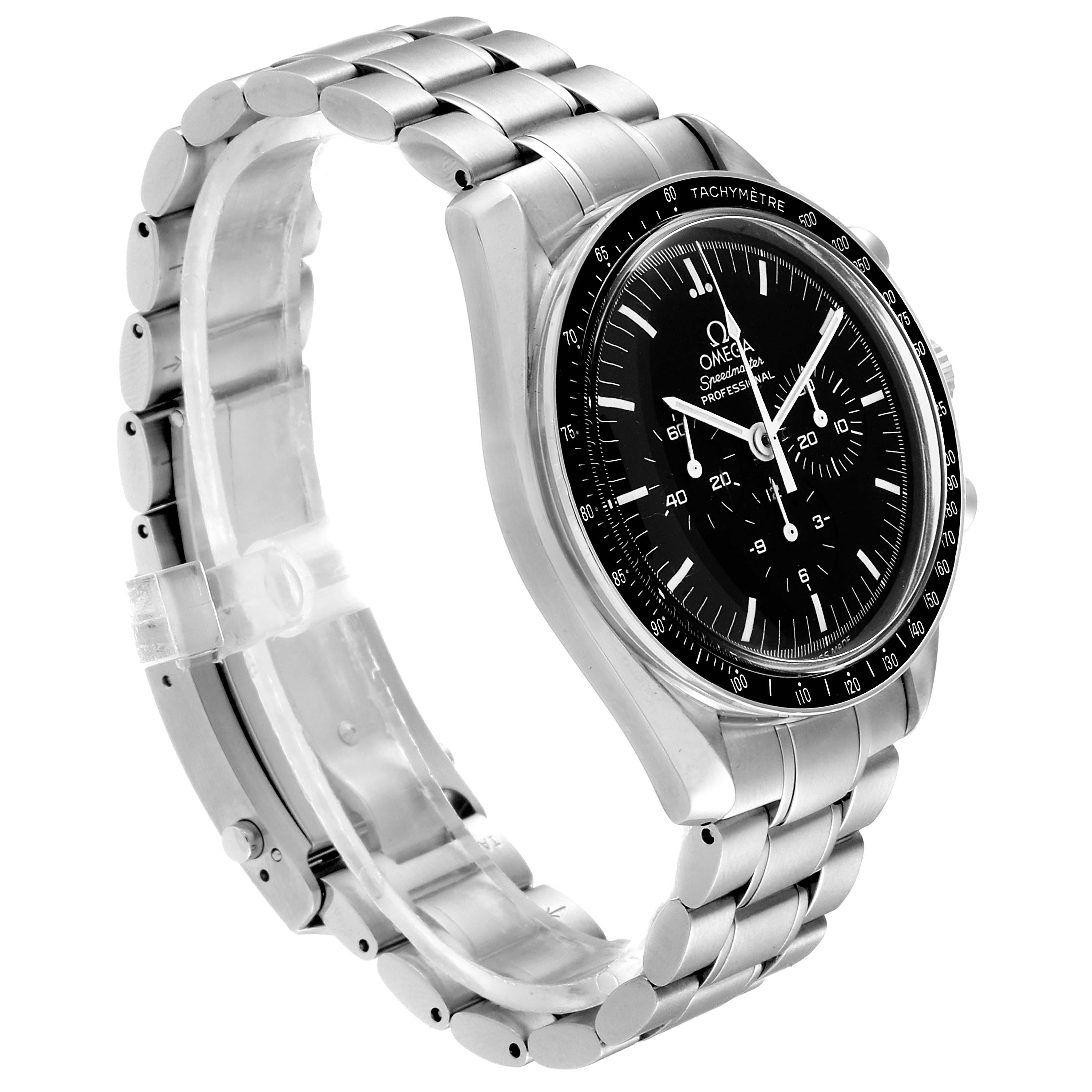 The Omega Speedmaster 3570.50.00 Men
s Stainless Steel Black Dial 3570.50.00 Men
s Stainless Steel Black Dial watch is shown at a three-quarter angle, displaying its face, bezel, and bracelet.