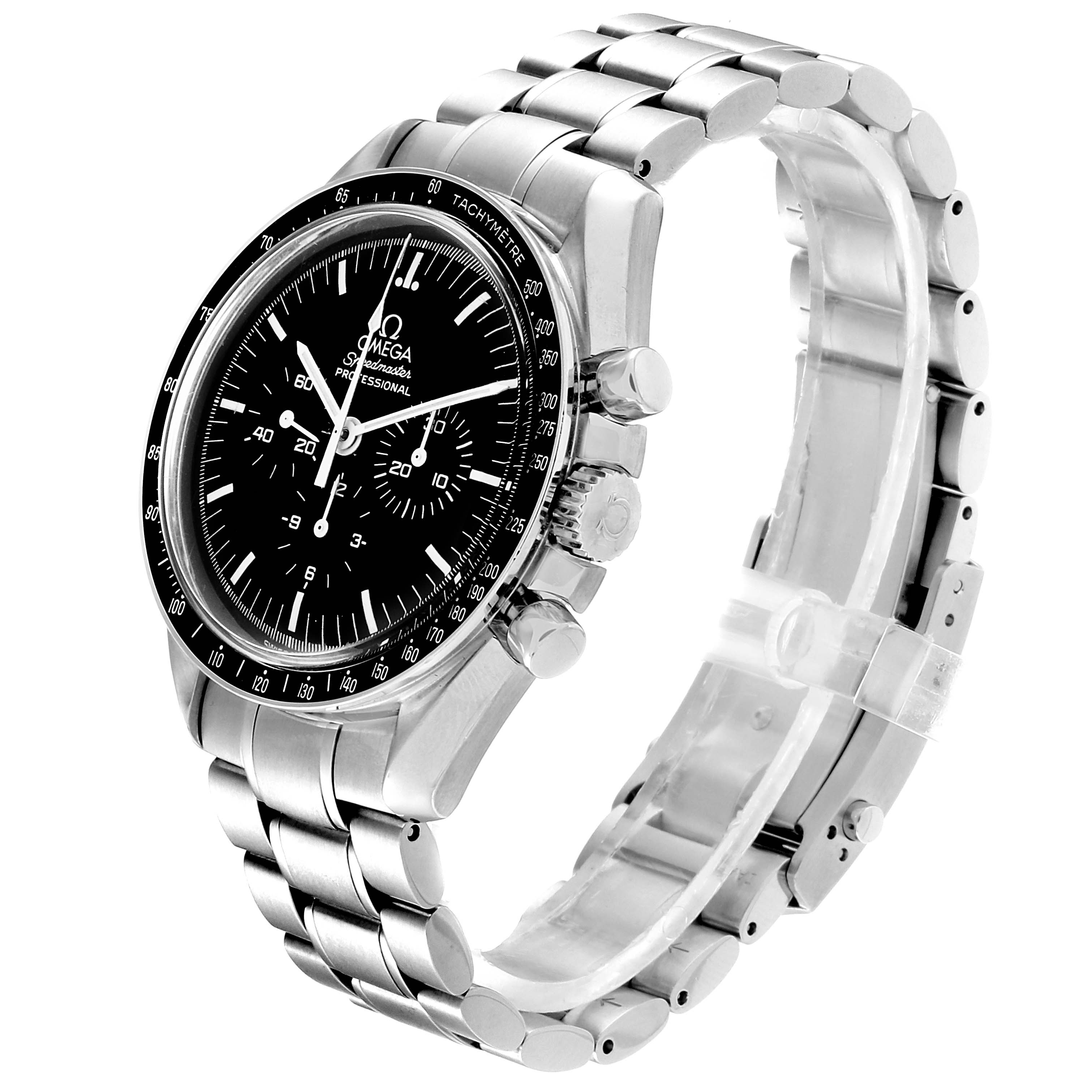 The image shows an Omega Speedmaster 3570.50.00 Men
s Stainless Steel Black Dial 3570.50.00 Men
s Stainless Steel Black Dial watch at a three-quarter angle, featuring the dial, bezel, crown, pushers, and metal bracelet.