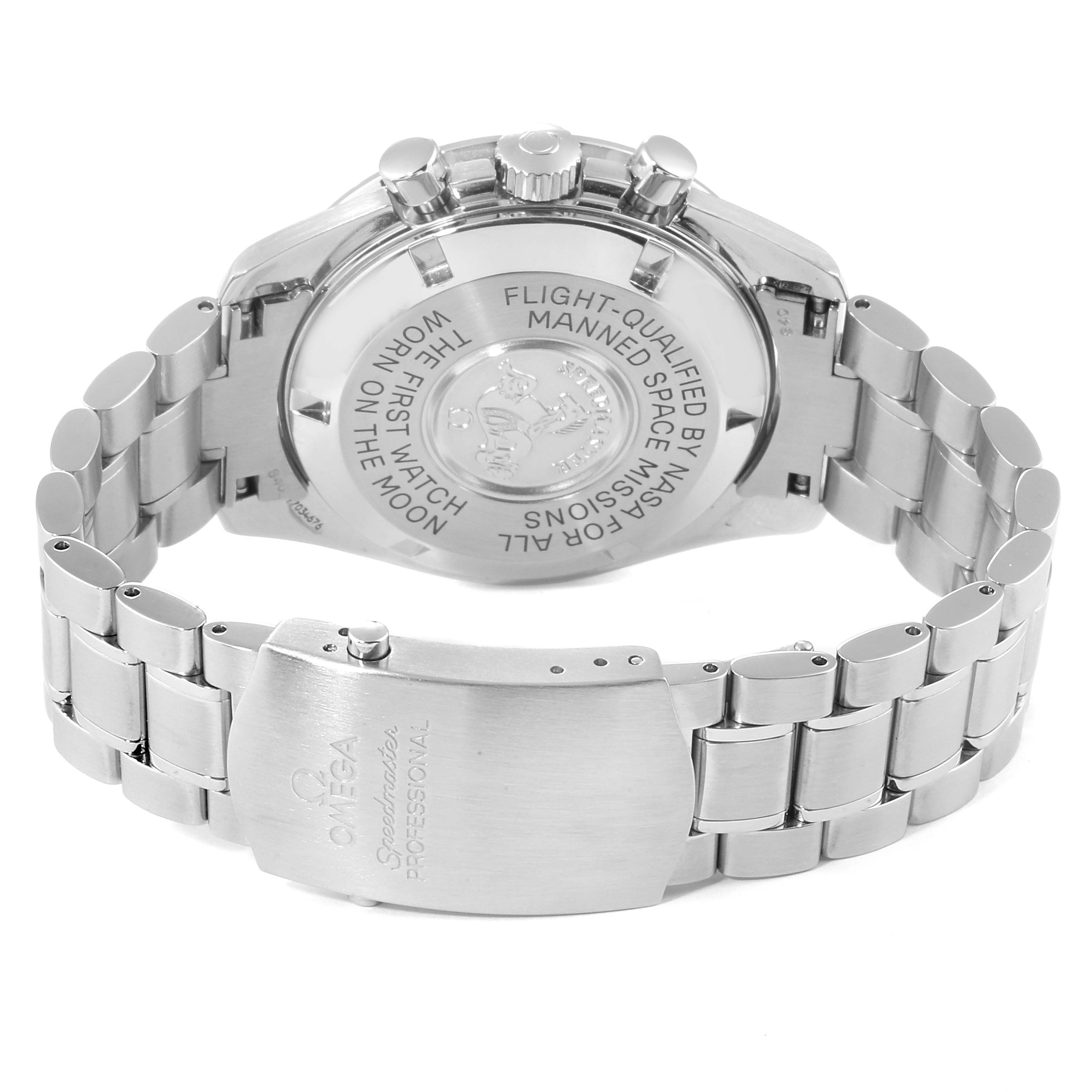 The image shows the case back and bracelet clasp of an Omega Speedmaster 3570.50.00 Men
s Stainless Steel Black Dial 3570.50.00 Men
s Stainless Steel Black Dial watch at an angled rear view.