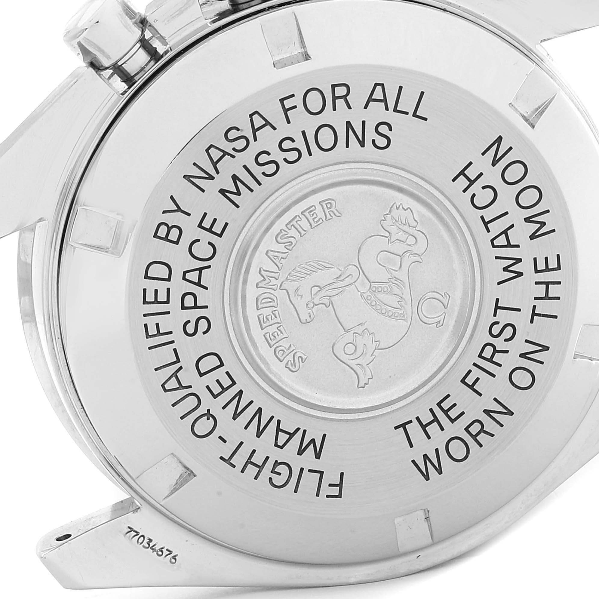 The image shows the engraved case back of the Omega Speedmaster 3570.50.00 Men
s Stainless Steel Black Dial 3570.50.00 Men
s Stainless Steel Black Dial watch from an angled close-up view.