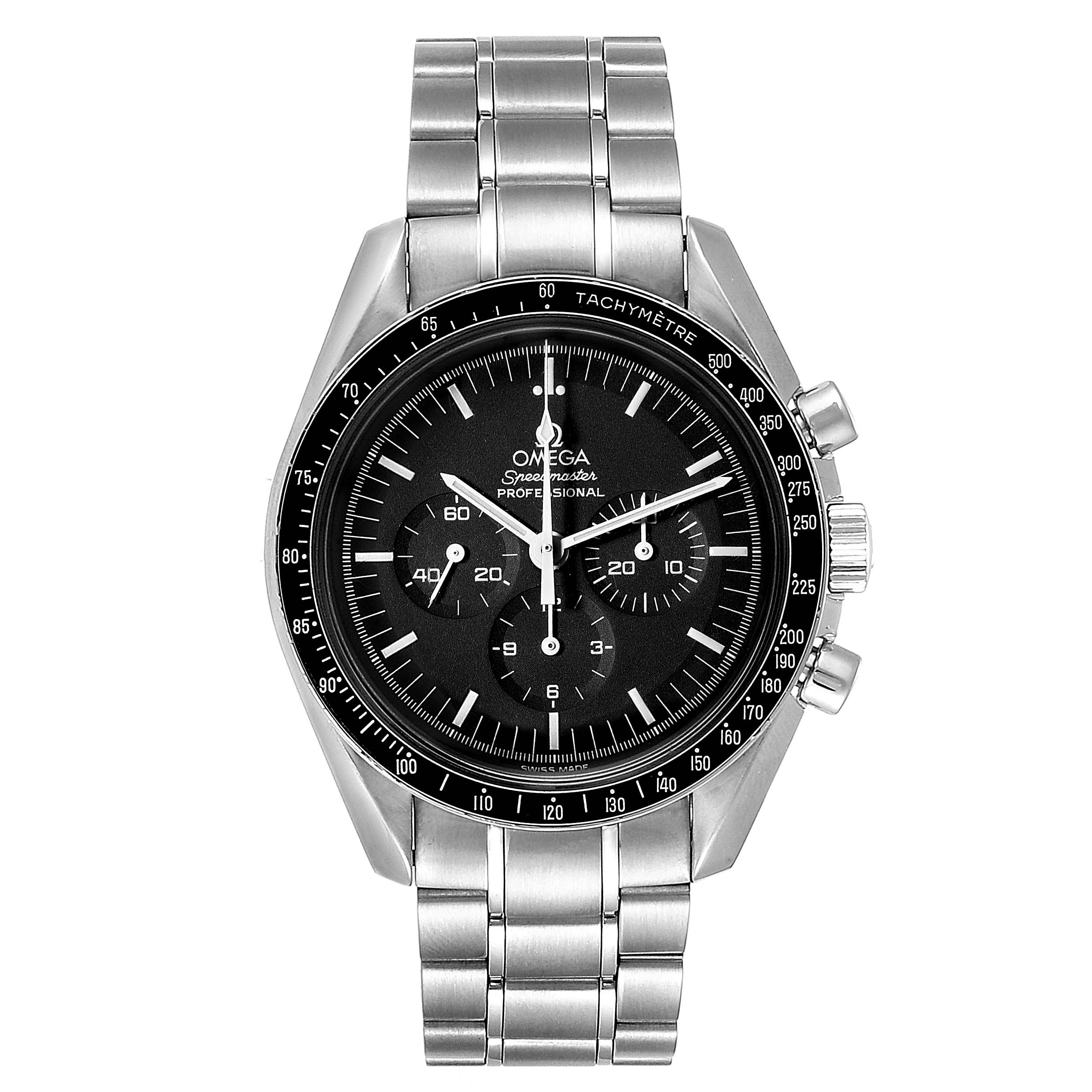 The image shows a front view of an Omega Speedmaster 3570.50.00 Men
s Stainless Steel Black Dial 3570.50.00 Men
s Stainless Steel Black Dial watch, highlighting its face, bezel, and metal bracelet.