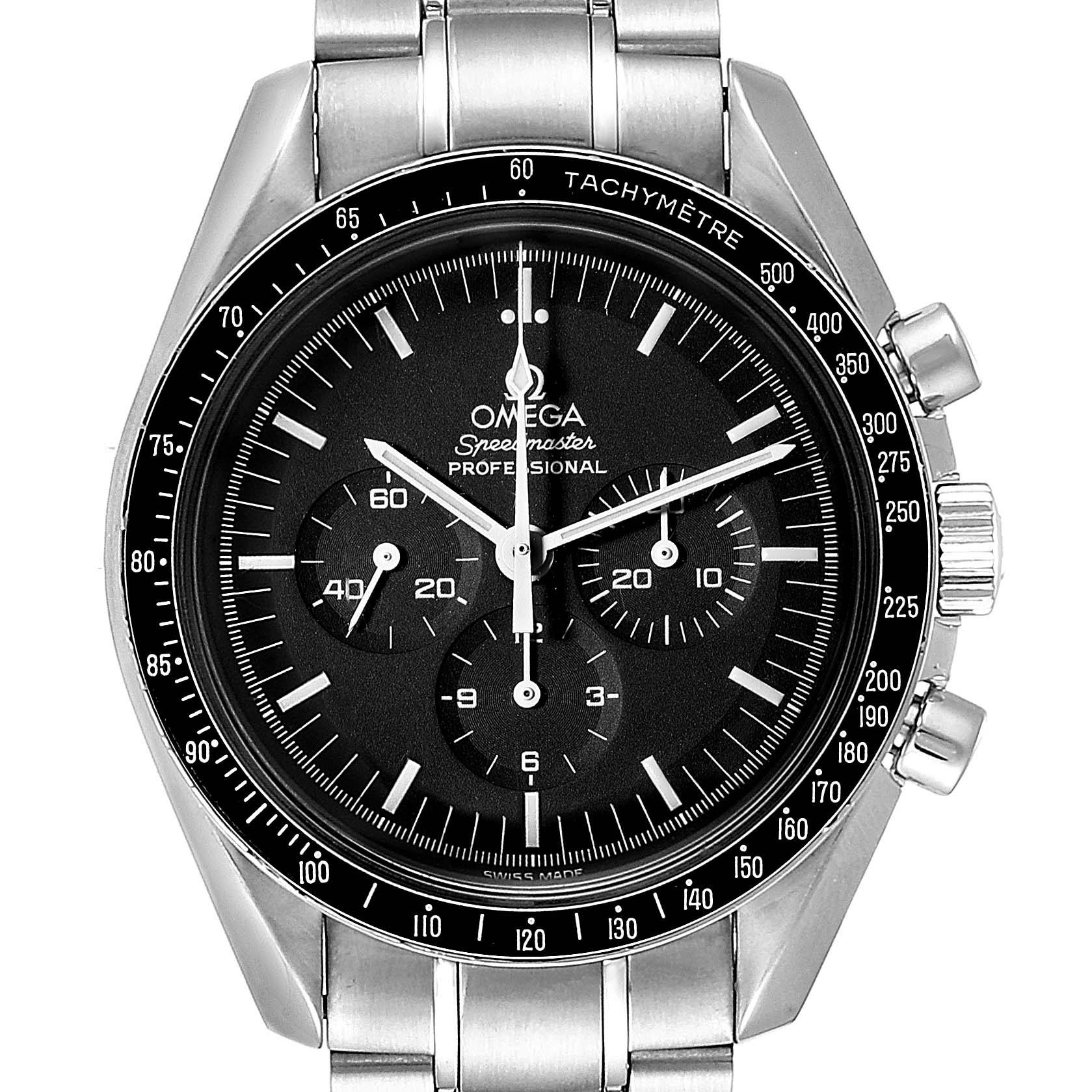 This image shows a front view of the Omega Speedmaster 3570.50.00 Men
s Stainless Steel Black Dial 3570.50.00 Men
s Stainless Steel Black Dial watch, highlighting its chronograph dial and stainless steel bracelet.