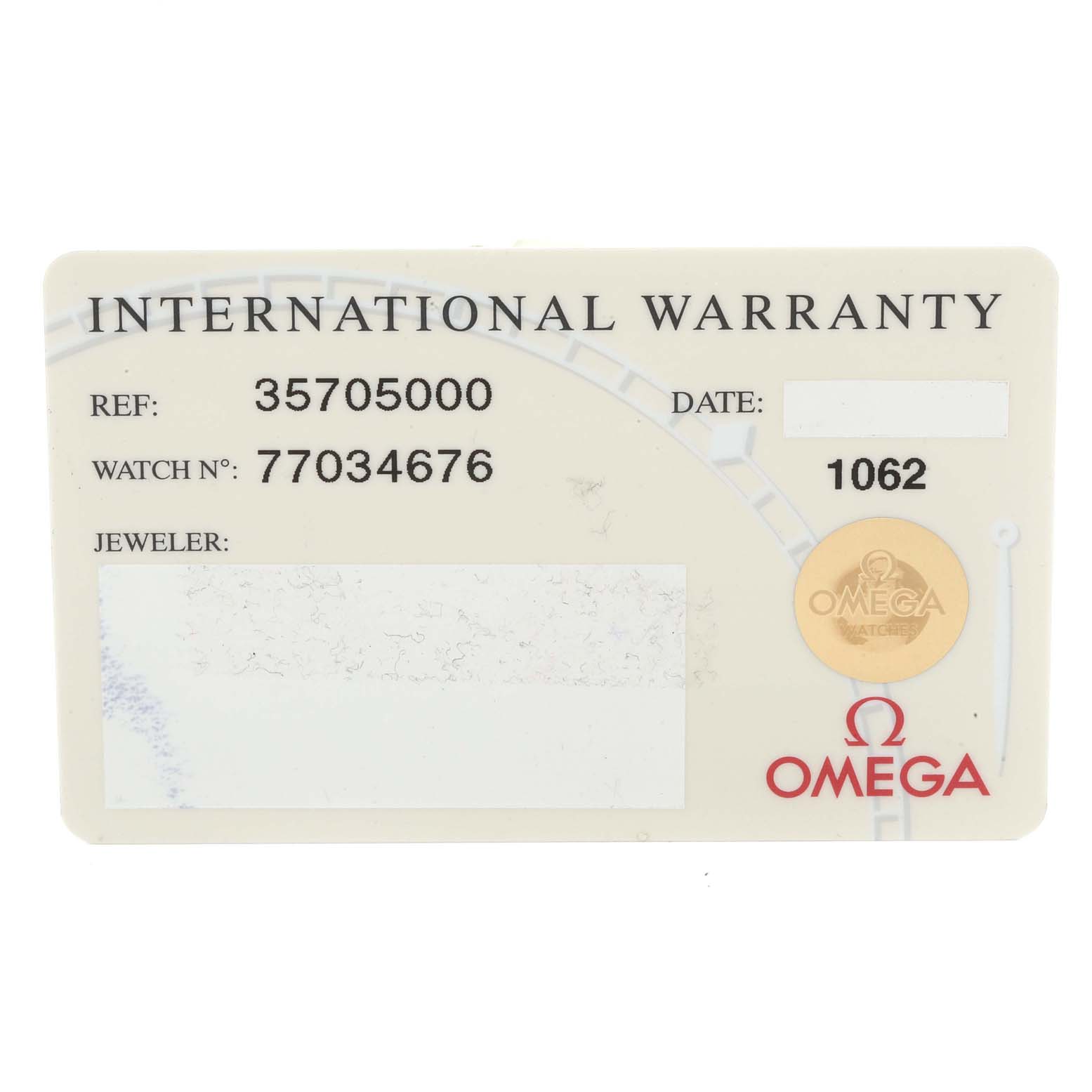 This image shows the International Warranty card for an Omega Speedmaster 3570.50.00 Men
s Stainless Steel Black Dial 3570.50.00 Men
s Stainless Steel Black Dial watch.