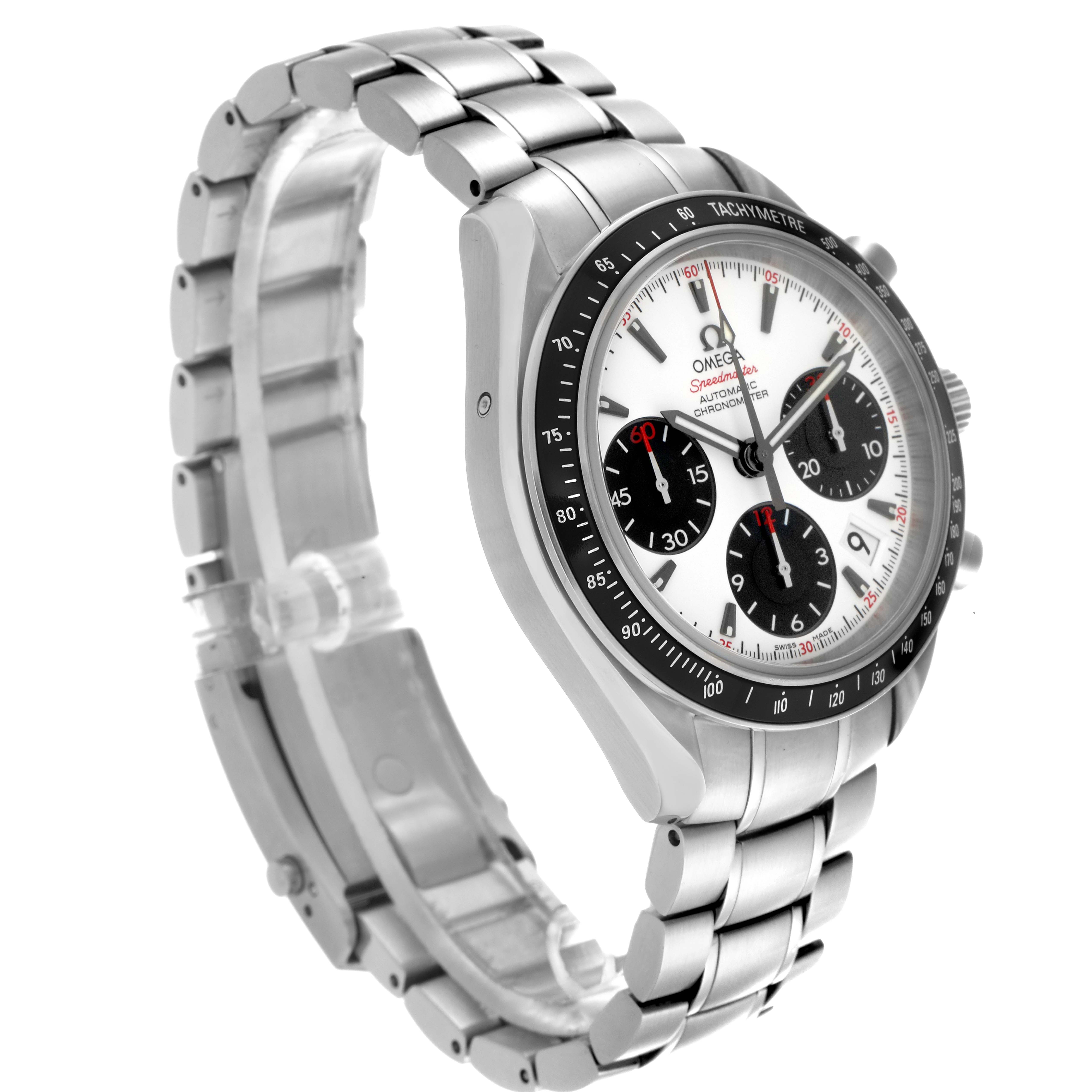 The Omega Speedmaster 323.30.40.40.04.001 Men
s Stainless Steel Silver Dial 323.30.40.40.04.001 Men
s Stainless Steel Silver Dial watch is shown at an angled side view, displaying its face, bezel, and stainless steel bracelet.