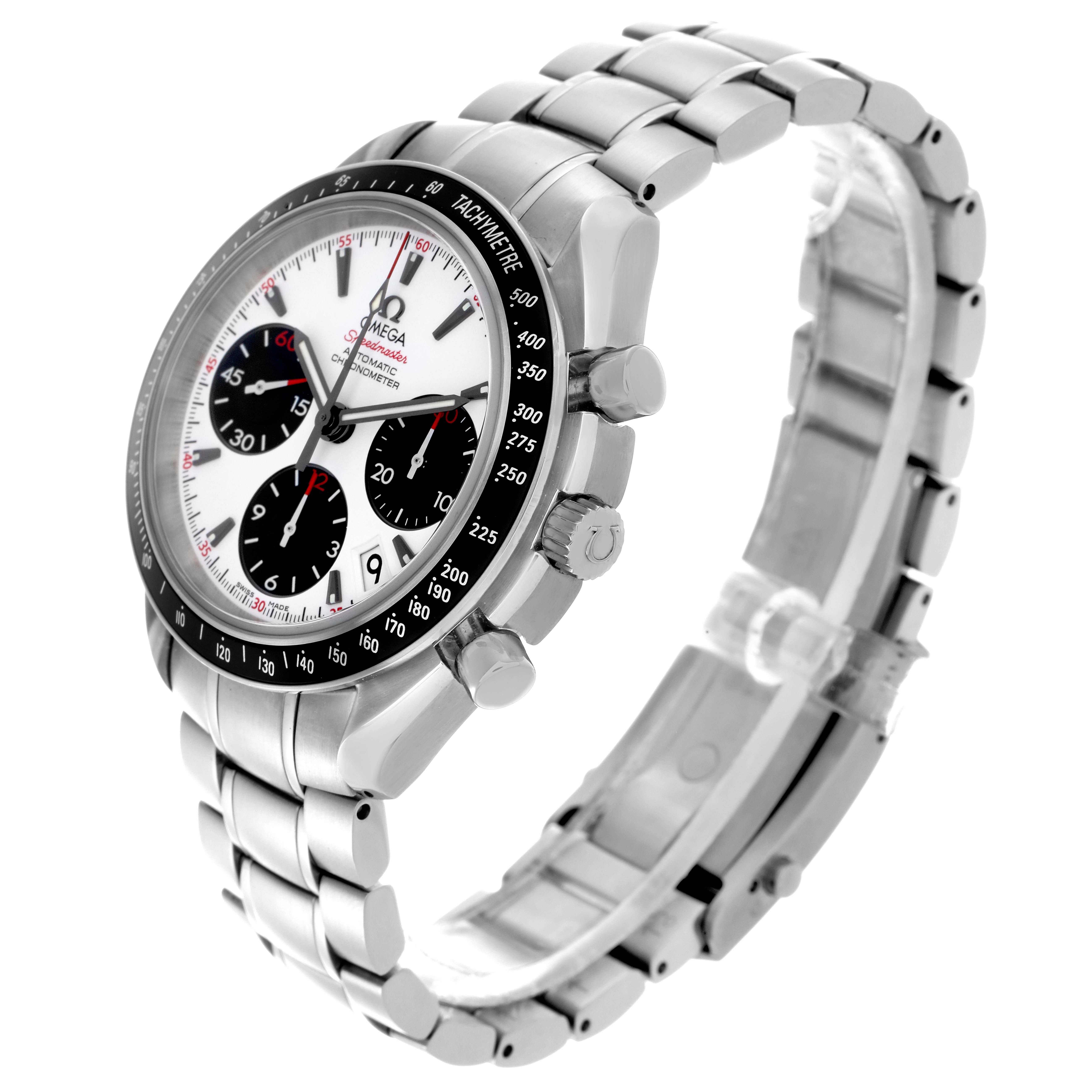 The Omega Speedmaster 323.30.40.40.04.001 Men
s Stainless Steel Silver Dial 323.30.40.40.04.001 Men
s Stainless Steel Silver Dial watch is shown at a side angle, highlighting the bezel, crown, pushers, and metal bracelet.