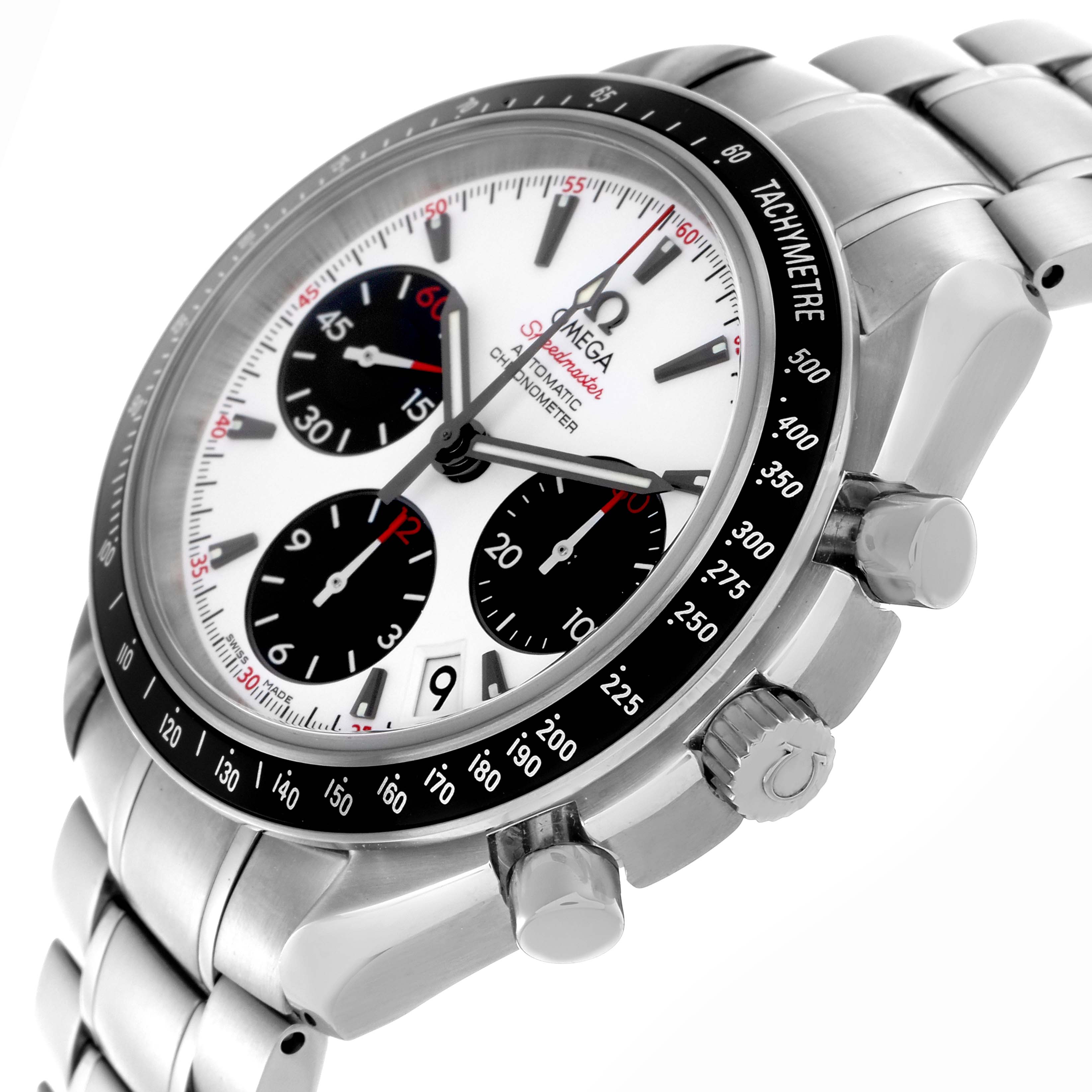 The Omega Speedmaster 323.30.40.40.04.001 Men
s Stainless Steel Silver Dial 323.30.40.40.04.001 Men
s Stainless Steel Silver Dial watch is shown at a three-quarter angle, highlighting the face, bezel, crown, and chronograph buttons.