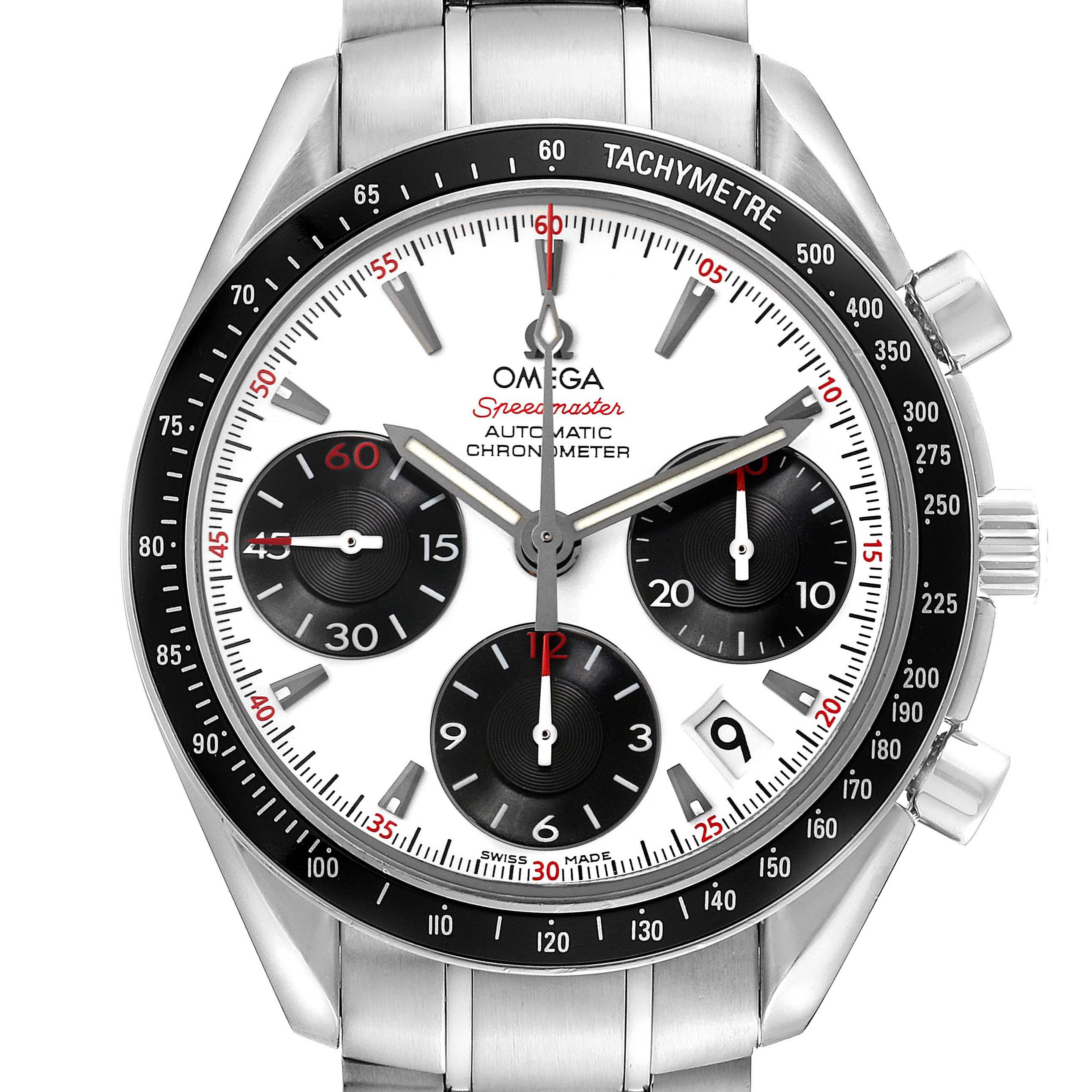 The Omega Speedmaster 323.30.40.40.04.001 Men
s Stainless Steel Silver Dial 323.30.40.40.04.001 Men
s Stainless Steel Silver Dial watch is shown from the front, highlighting the tachymeter, subdials, and date window.