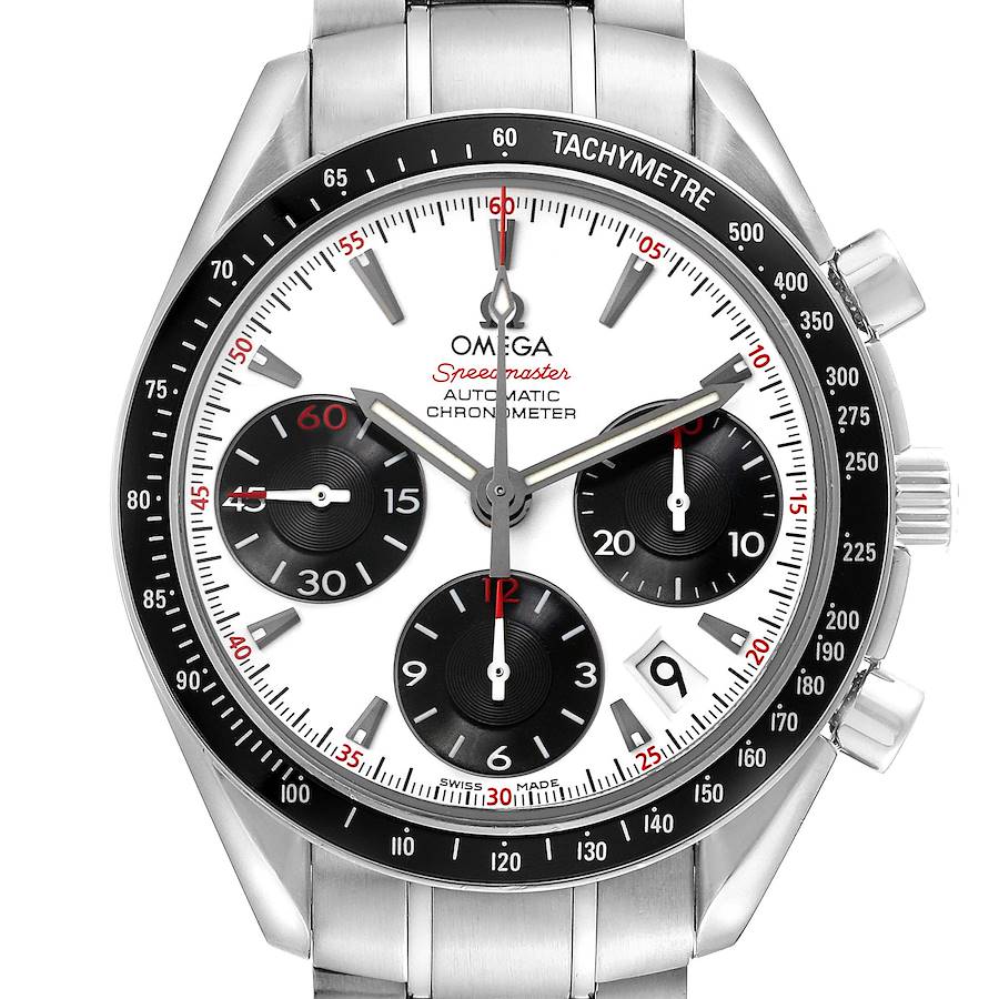 The Omega Speedmaster watch is shown from the front, highlighting the tachymeter, subdials, and date window.
