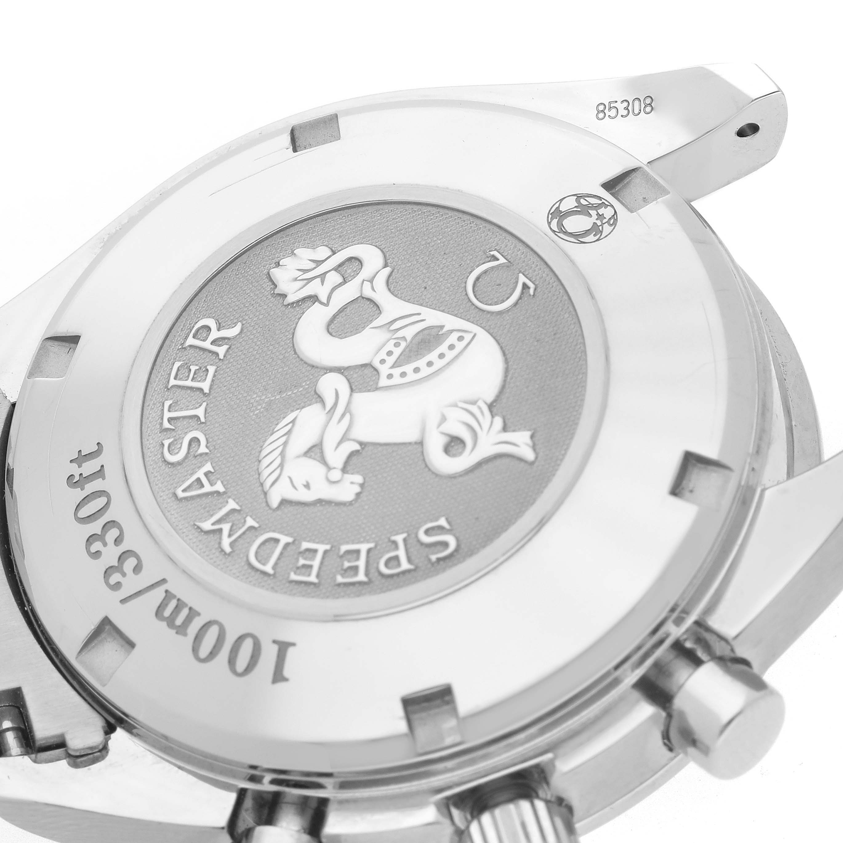 The image shows the back case of an Omega Speedmaster 323.30.40.40.04.001 Men
s Stainless Steel Silver Dial 323.30.40.40.04.001 Men
s Stainless Steel Silver Dial, highlighting the embossed emblem and water resistance details.