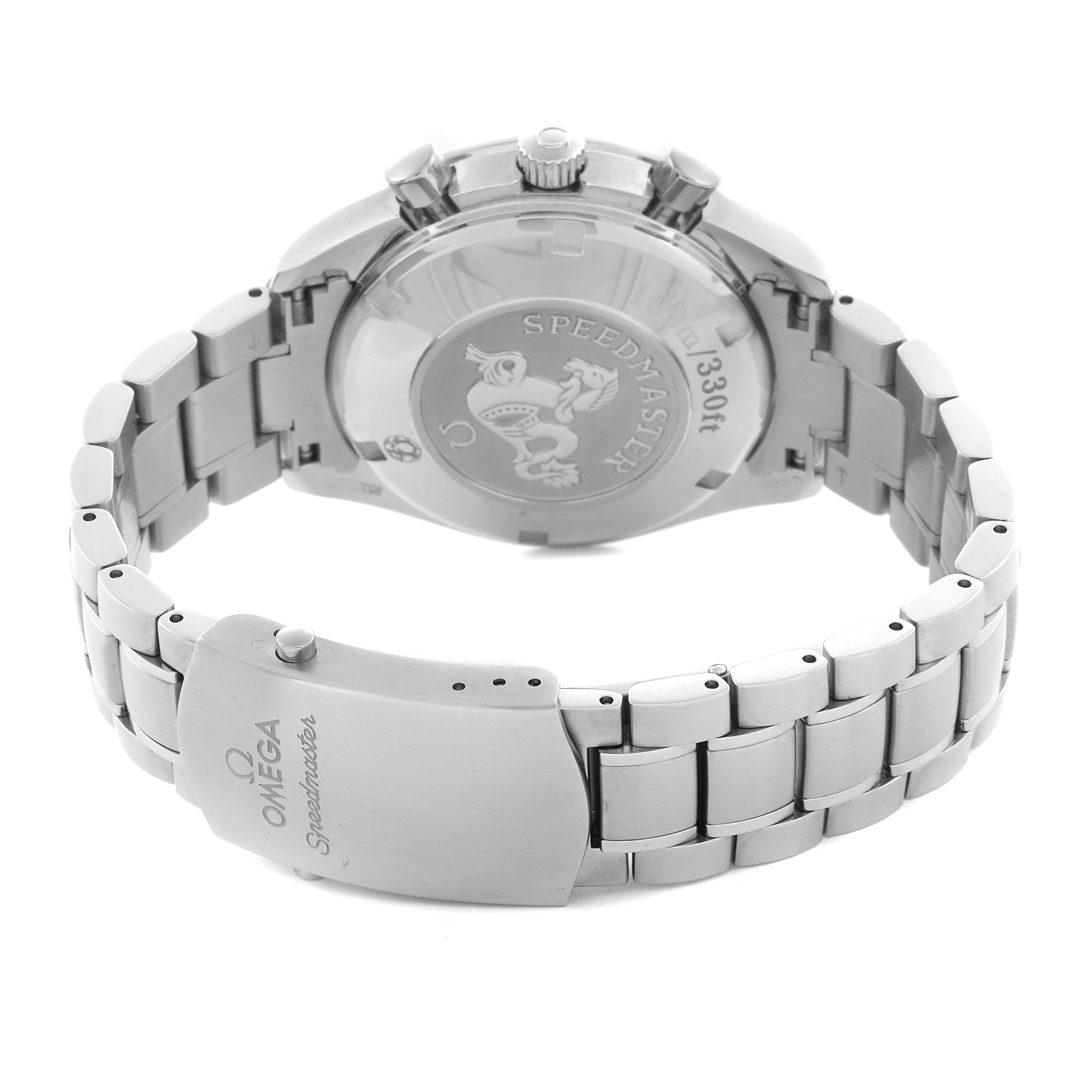 The image shows the back of an Omega Speedmaster 323.30.40.40.04.001 Men
s Stainless Steel Silver Dial 323.30.40.40.04.001 Men
s Stainless Steel Silver Dial, highlighting the case back and stainless steel bracelet.