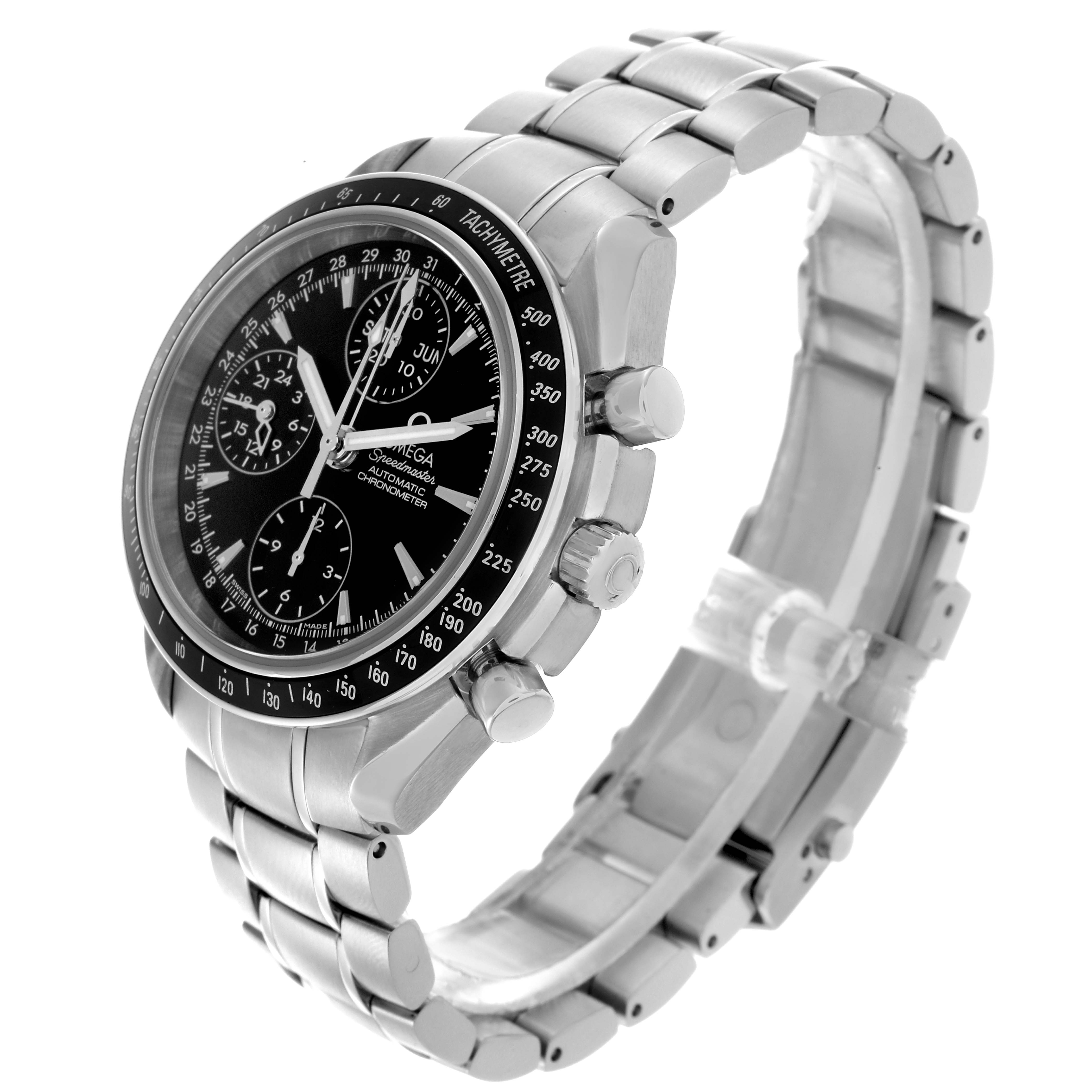 The Omega Speedmaster 3220.50.00 Men
s Stainless Steel Black Dial 3220.50.00 Men
s Stainless Steel Black Dial watch is shown at a side angle, highlighting its metal bracelet, bezel, and chronograph pushers.