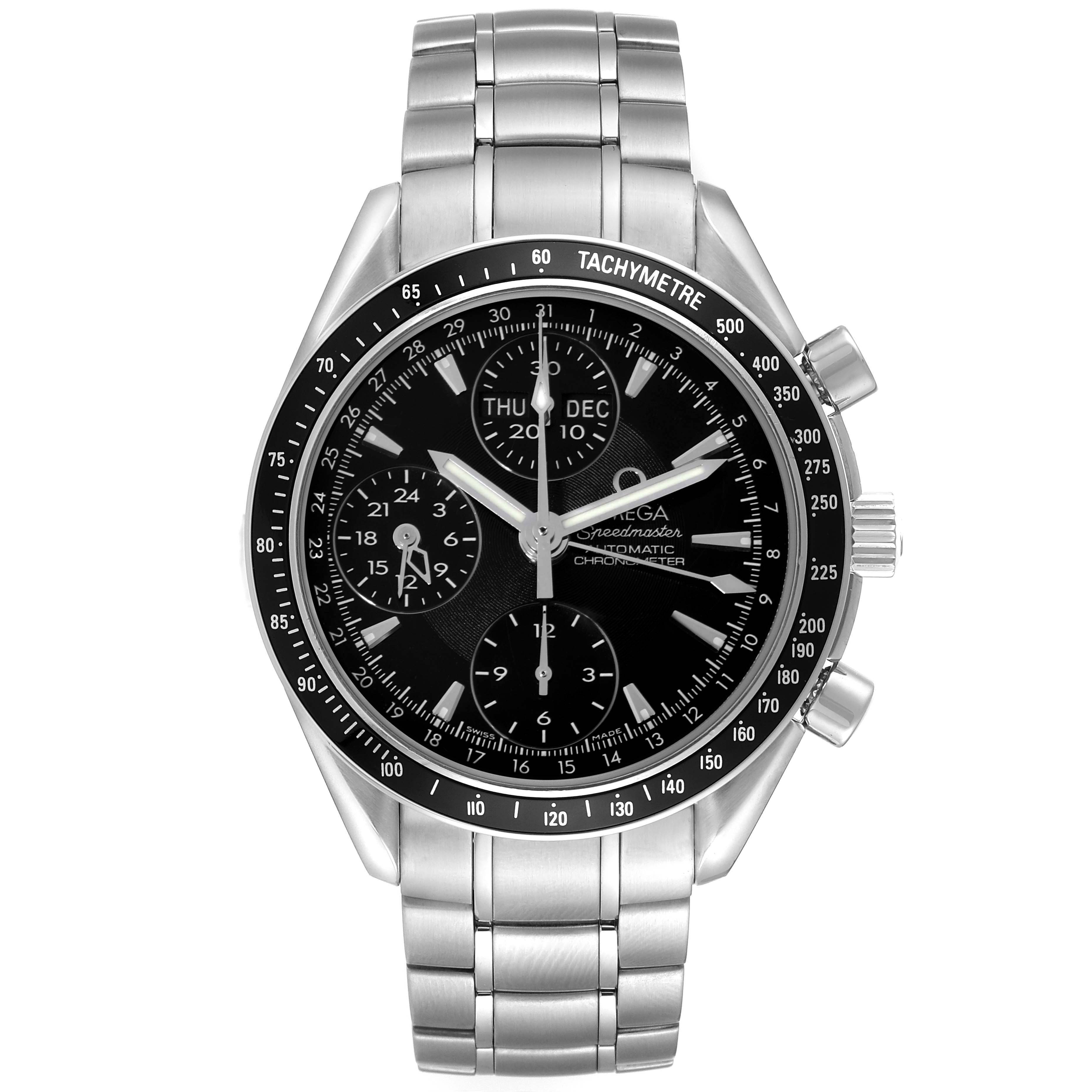 The Omega Speedmaster 3220.50.00 Men
s Stainless Steel Black Dial 3220.50.00 Men
s Stainless Steel Black Dial watch is shown from the front, displaying its dial, bezel, and stainless steel bracelet.