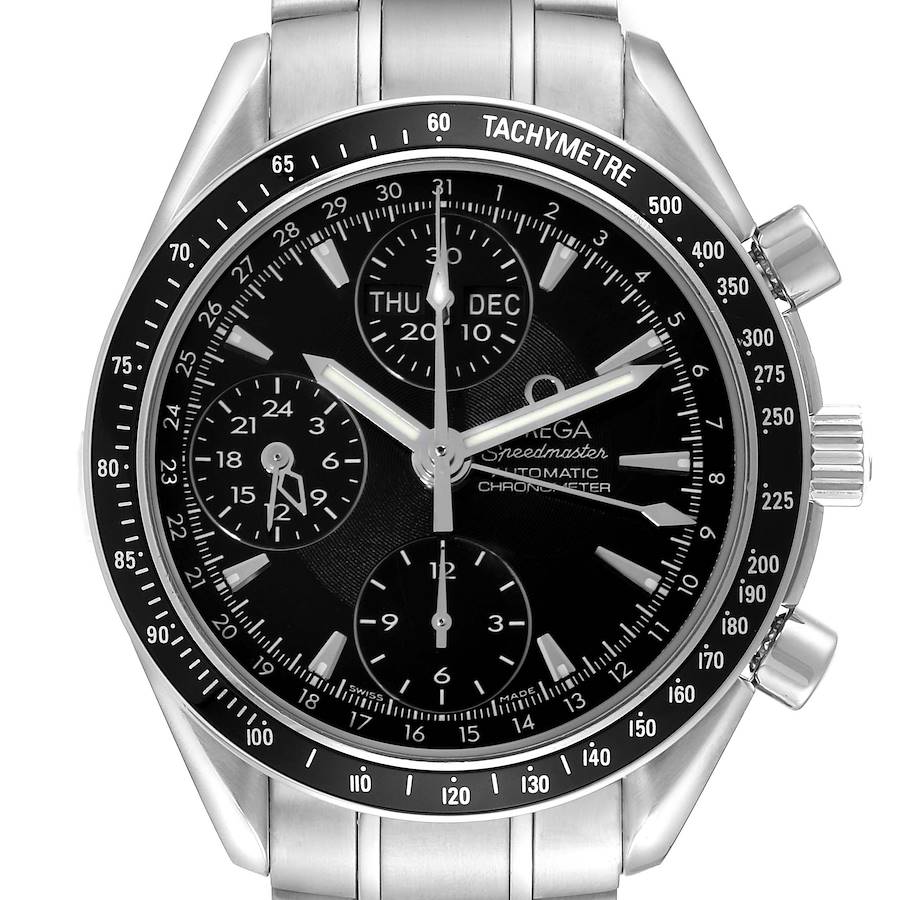 The Omega Speedmaster watch is shown from the front, displaying the full dial and bezel with its tachymeter scale.