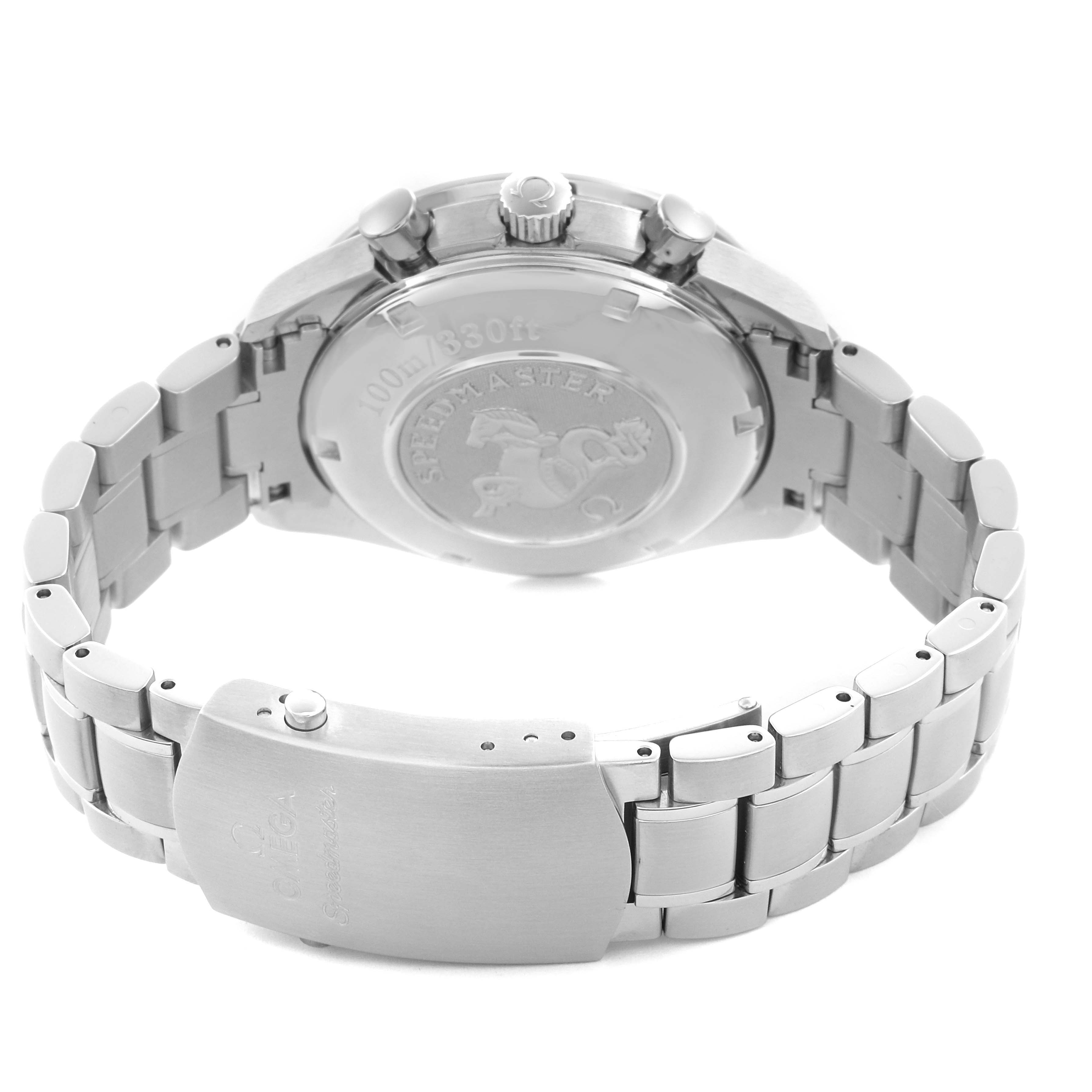 The image shows the back of the Omega Speedmaster 3220.50.00 Men
s Stainless Steel Black Dial 3220.50.00 Men
s Stainless Steel Black Dial, highlighting the case back, clasp, and bracelet.