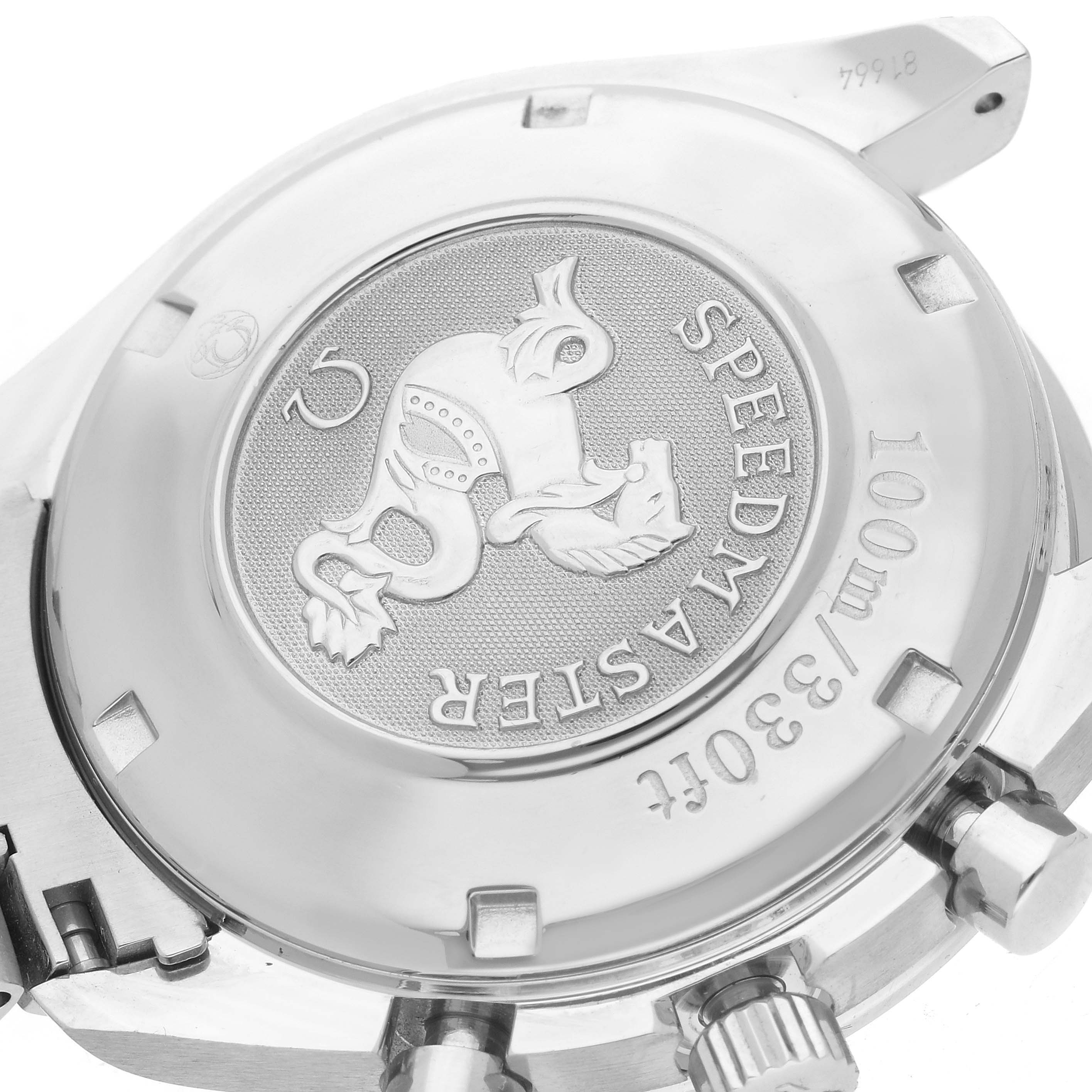 The image shows the case back of an Omega Speedmaster 3220.50.00 Men
s Stainless Steel Black Dial 3220.50.00 Men
s Stainless Steel Black Dial, highlighting the engraved logo and water resistance details.