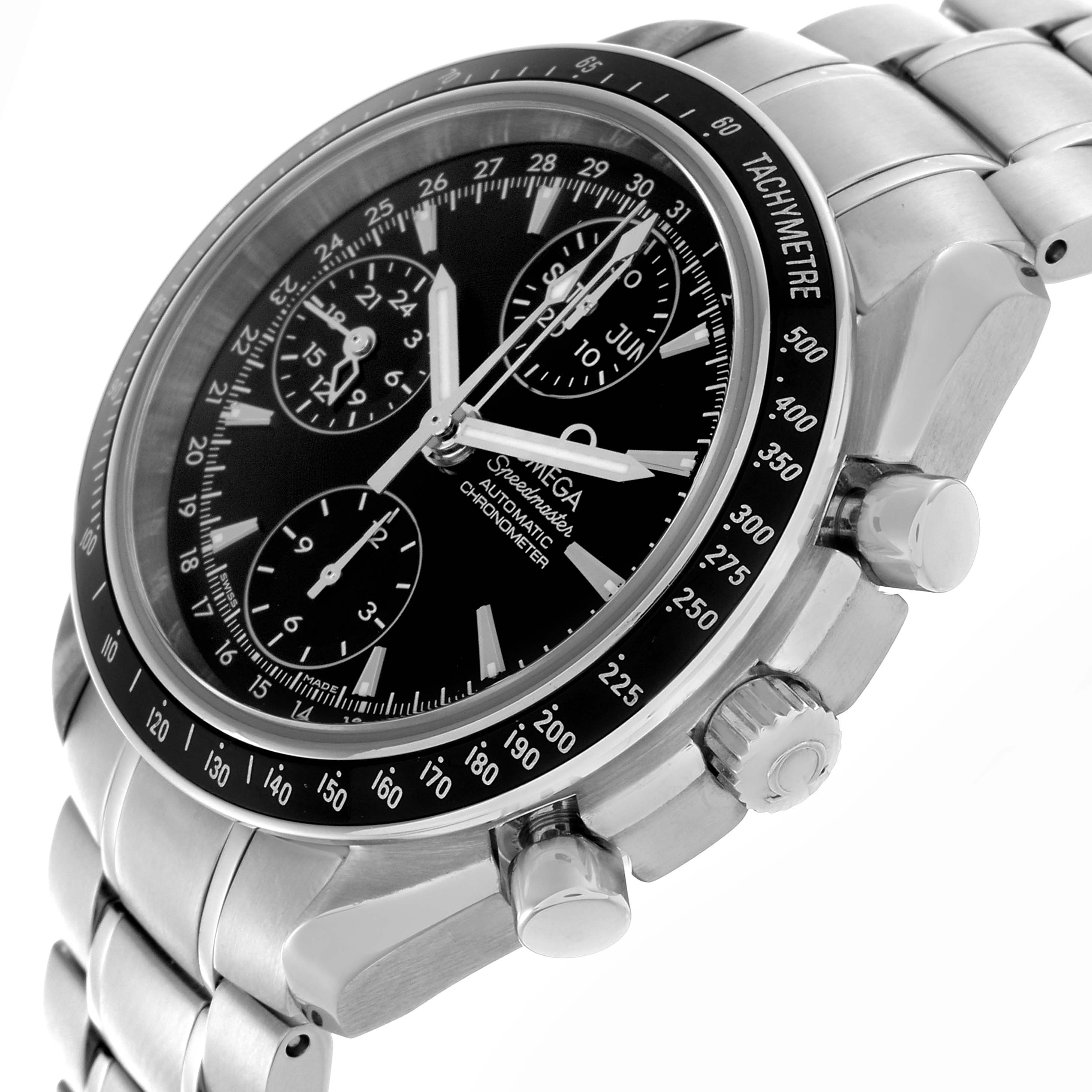 The Omega Speedmaster 3220.50.00 Men
s Stainless Steel Black Dial 3220.50.00 Men
s Stainless Steel Black Dial watch is shown at an angle highlighting the bezel, chronograph dials, and stainless steel bracelet.