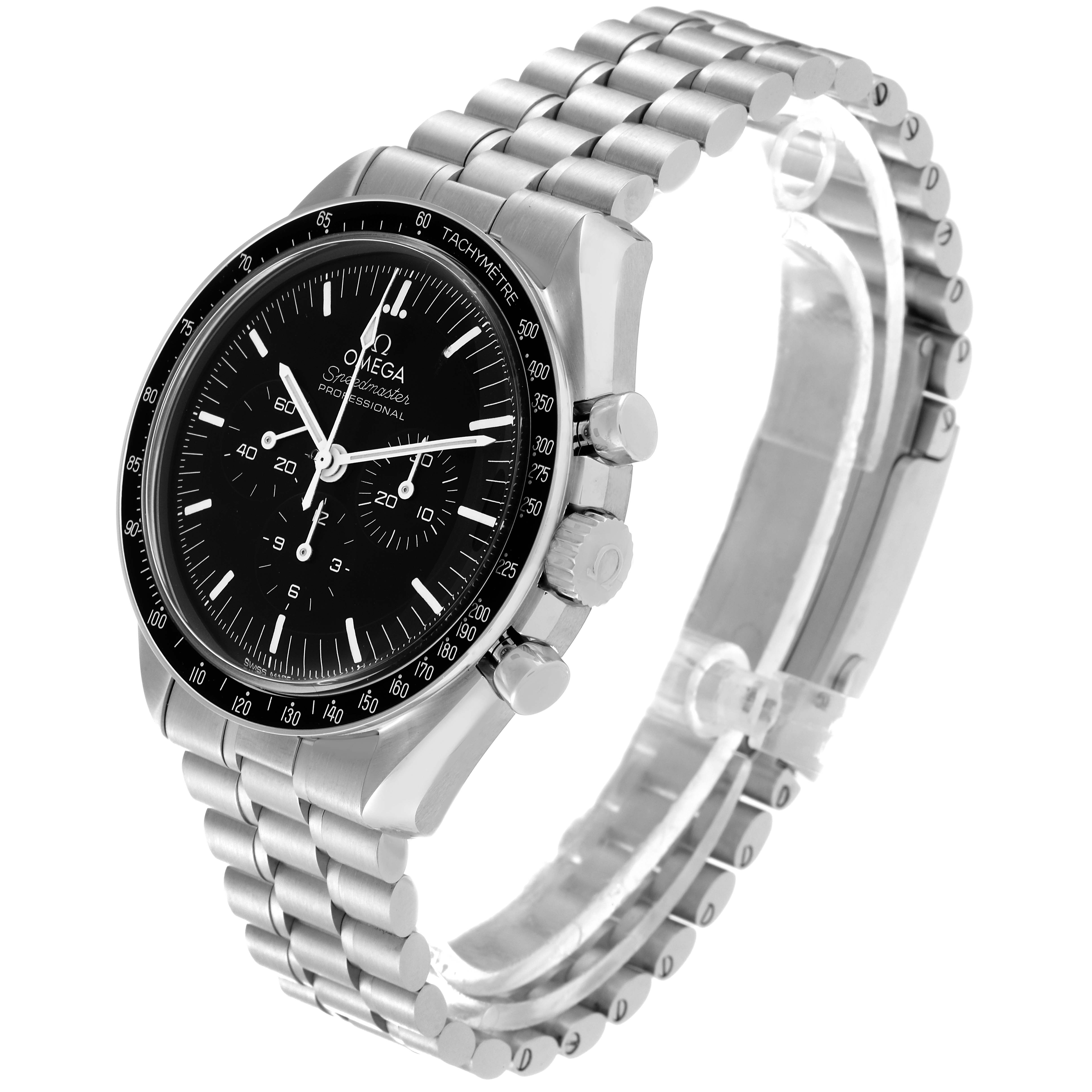 This image shows a side angle of an Omega Speedmaster 310.30.42.50.01.001 Men
s Stainless Steel Black Dial 310.30.42.50.01.001 Men
s Stainless Steel Black Dial watch, focusing on the black dial, stainless steel case, and bracelet.