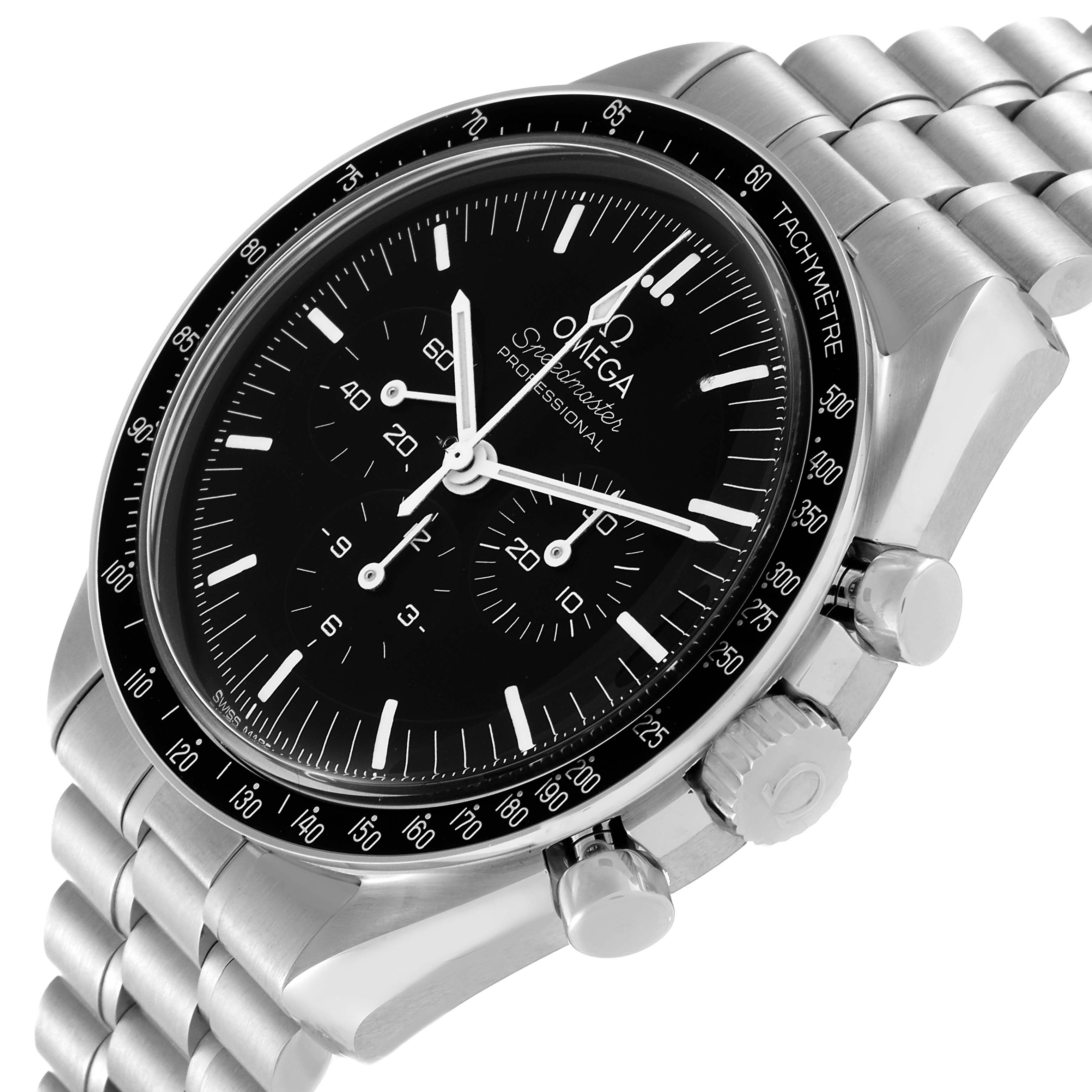 This image shows a close-up, angled view of the Omega Speedmaster 310.30.42.50.01.001 Men
s Stainless Steel Black Dial 310.30.42.50.01.001 Men
s Stainless Steel Black Dial, highlighting the dial, bezel, crown, and part of the bracelet.