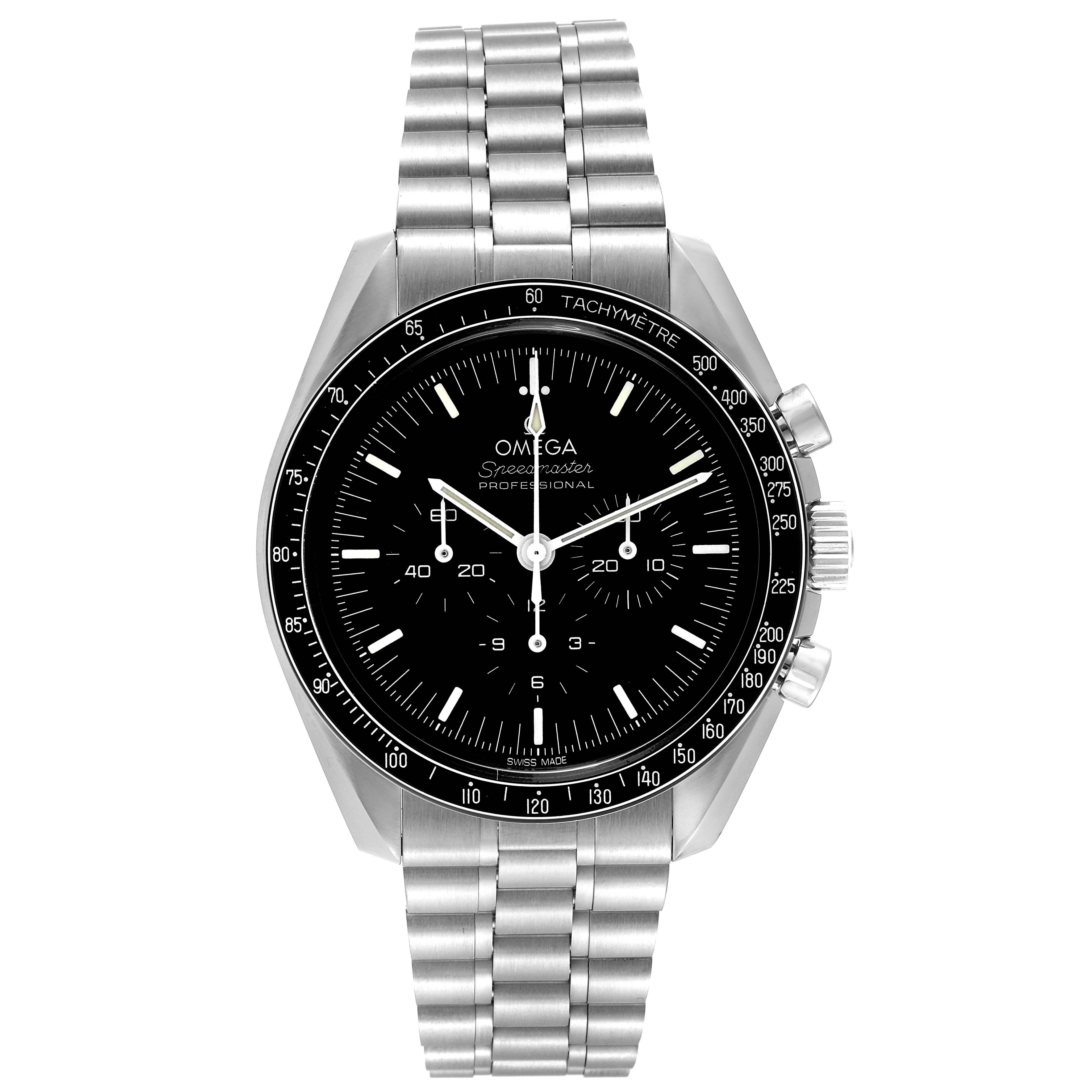 The image shows an Omega Speedmaster 310.30.42.50.01.001 Men
s Stainless Steel Black Dial 310.30.42.50.01.001 Men
s Stainless Steel Black Dial watch from a front angle, highlighting its face, bezel, and stainless steel bracelet.