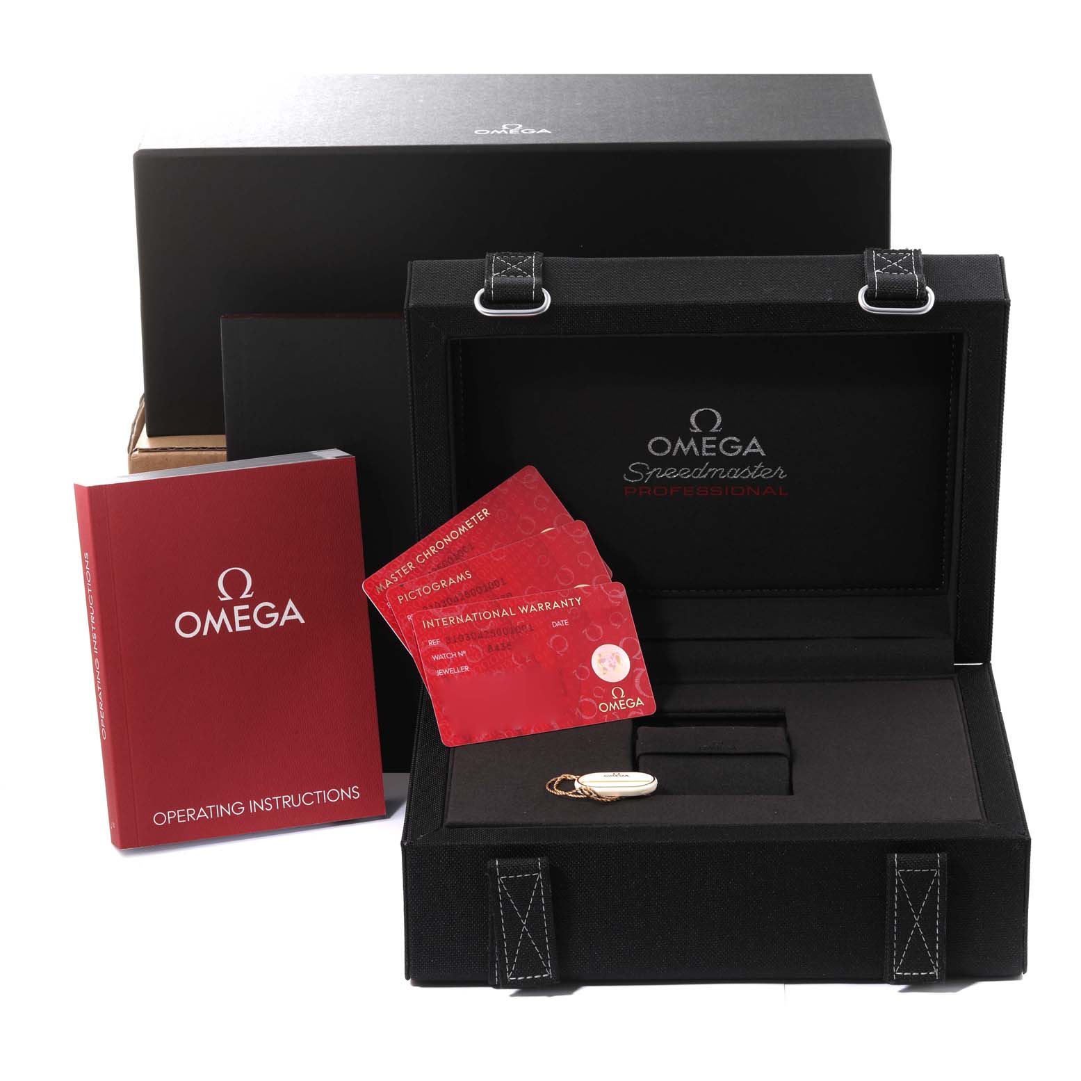 The image shows the packaging, manual, warranty cards, and box for the Omega Speedmaster 310.30.42.50.01.001 Men
s Stainless Steel Black Dial 310.30.42.50.01.001 Men
s Stainless Steel Black Dial watch model.