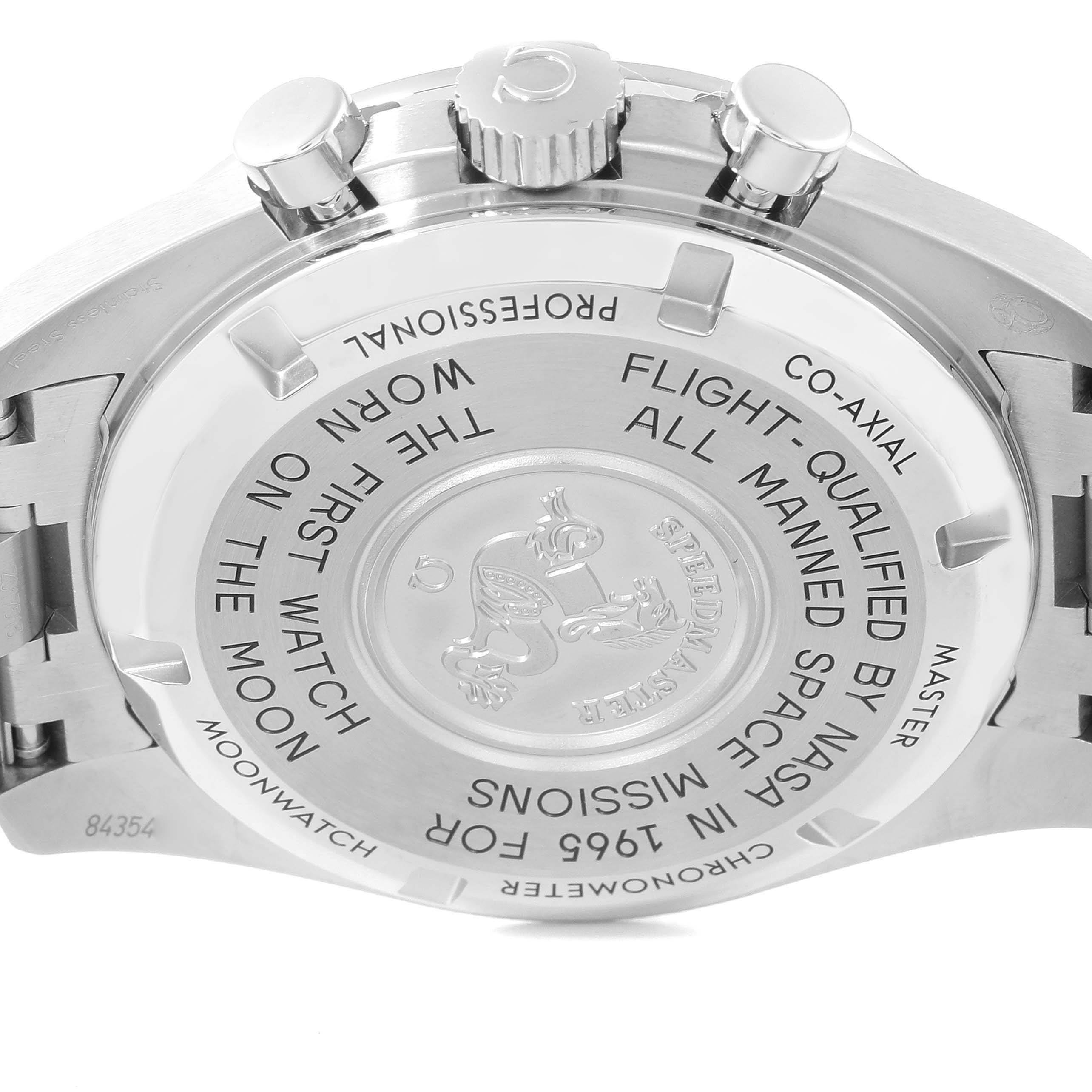 This image shows the back case of the Omega Speedmaster 310.30.42.50.01.001 Men
s Stainless Steel Black Dial 310.30.42.50.01.001 Men
s Stainless Steel Black Dial watch with prominent engravings and the crown and pushers visible.