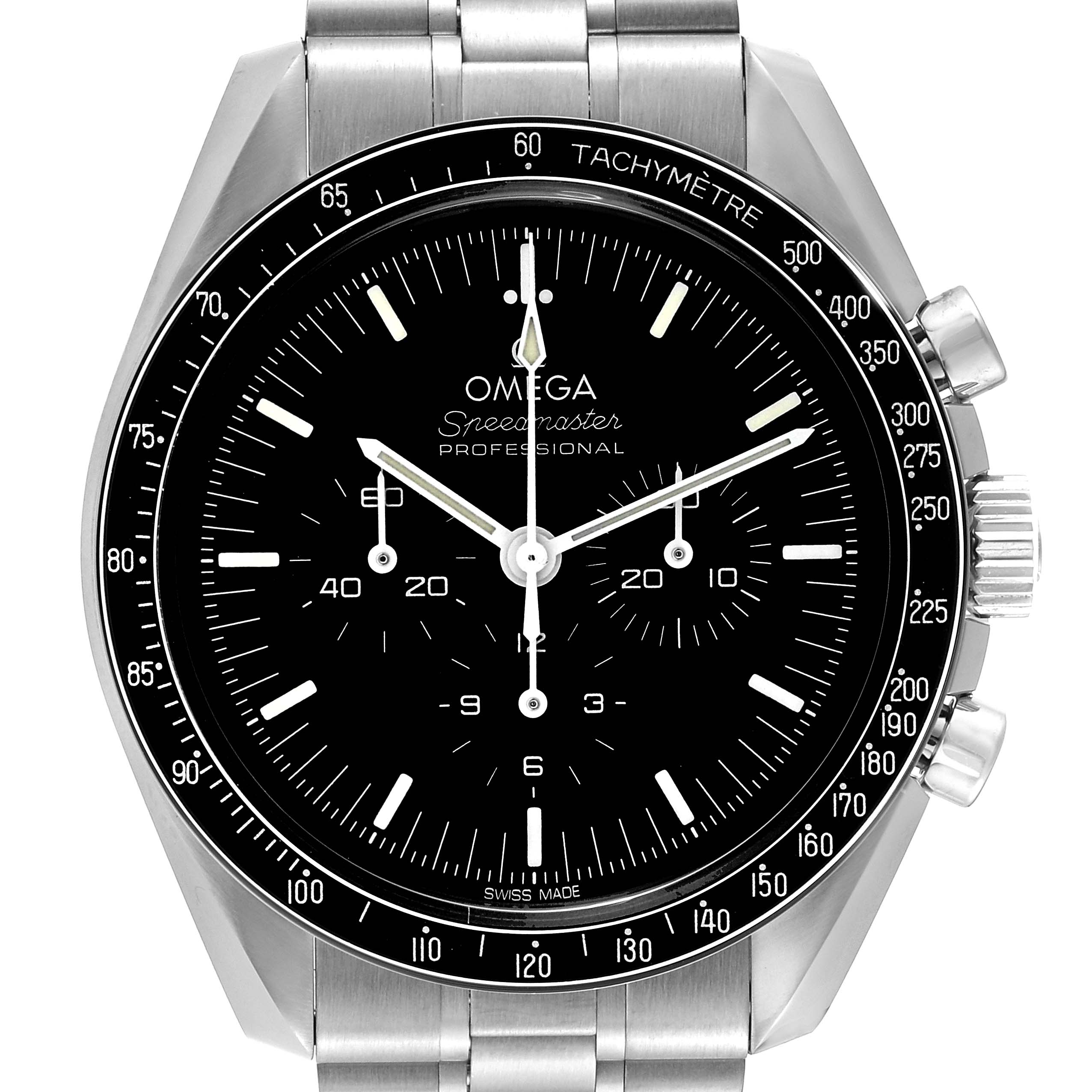 This is a front view of the Omega Speedmaster 310.30.42.50.01.001 Men
s Stainless Steel Black Dial 310.30.42.50.01.001 Men
s Stainless Steel Black Dial Professional watch showing its dial, bezel, chronograph subdials, and bracelet.