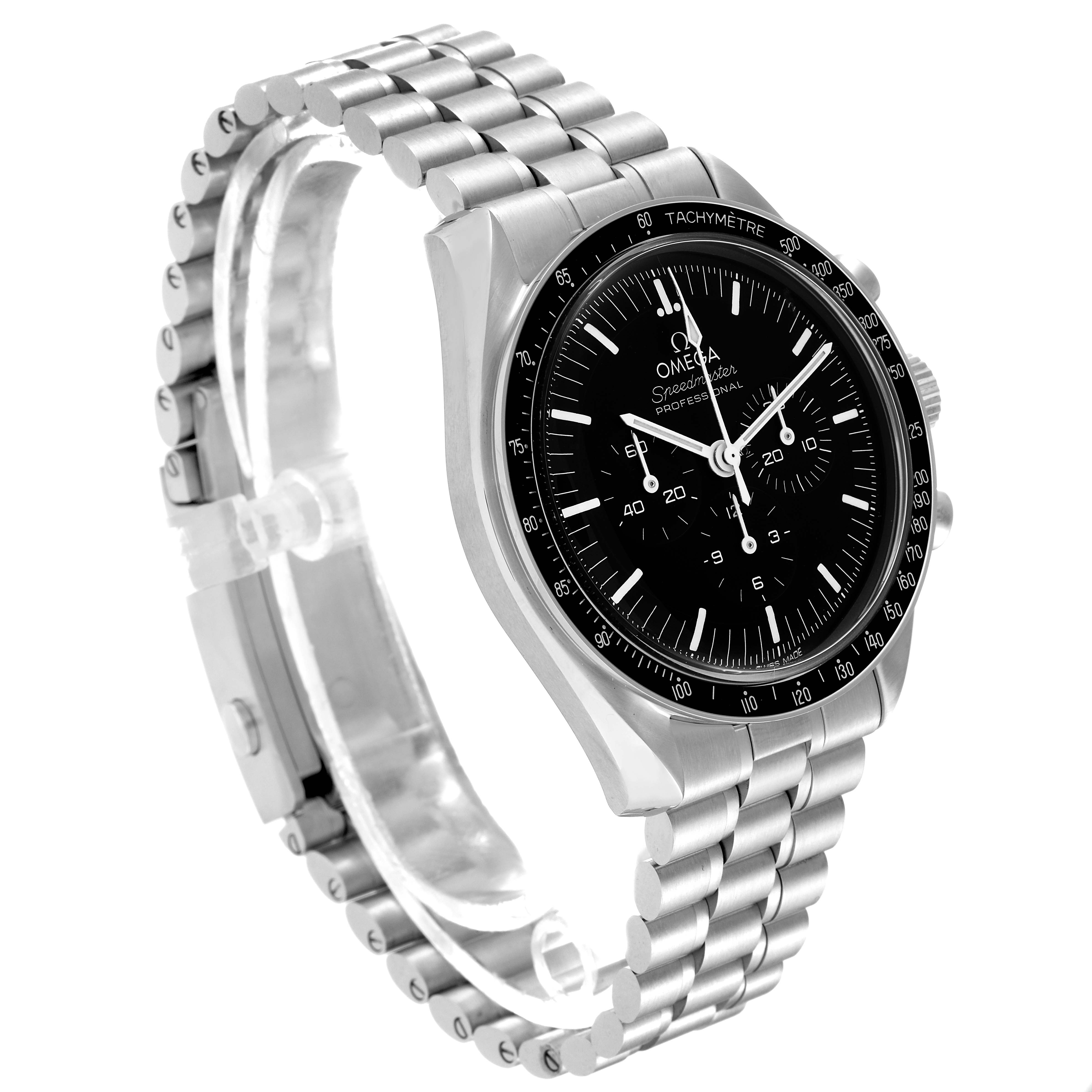 The image shows an angled view of the Omega Speedmaster 310.30.42.50.01.001 Men
s Stainless Steel Black Dial 310.30.42.50.01.001 Men
s Stainless Steel Black Dial watch, highlighting its stainless steel bracelet and black dial.