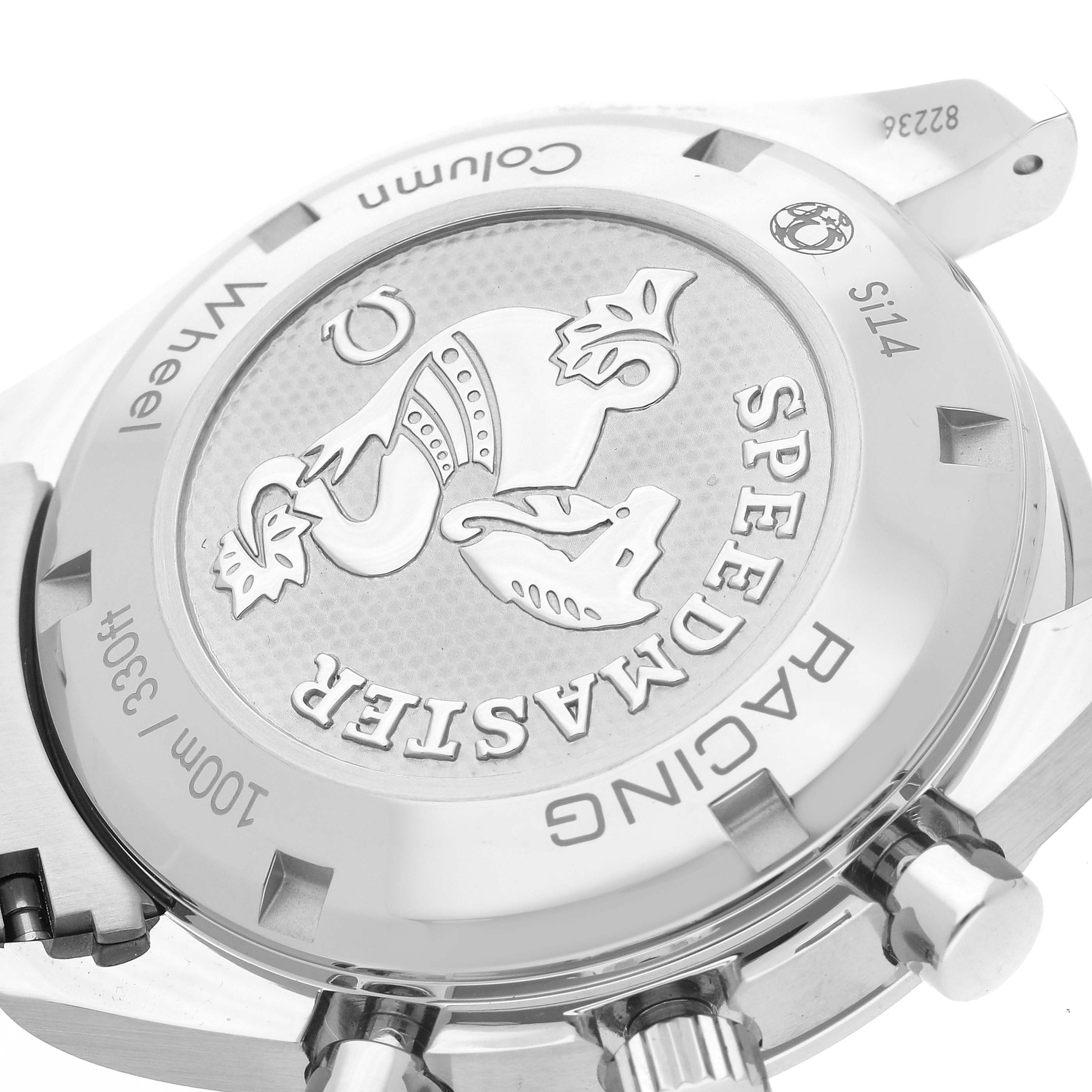 The image shows the case back of the Omega Speedmaster 326.30.40.50.02.001 Men
s Stainless Steel Silver Dial 326.30.40.50.02.001 Men
s Stainless Steel Silver Dial Racing model, displaying the engraved logo and text details.
