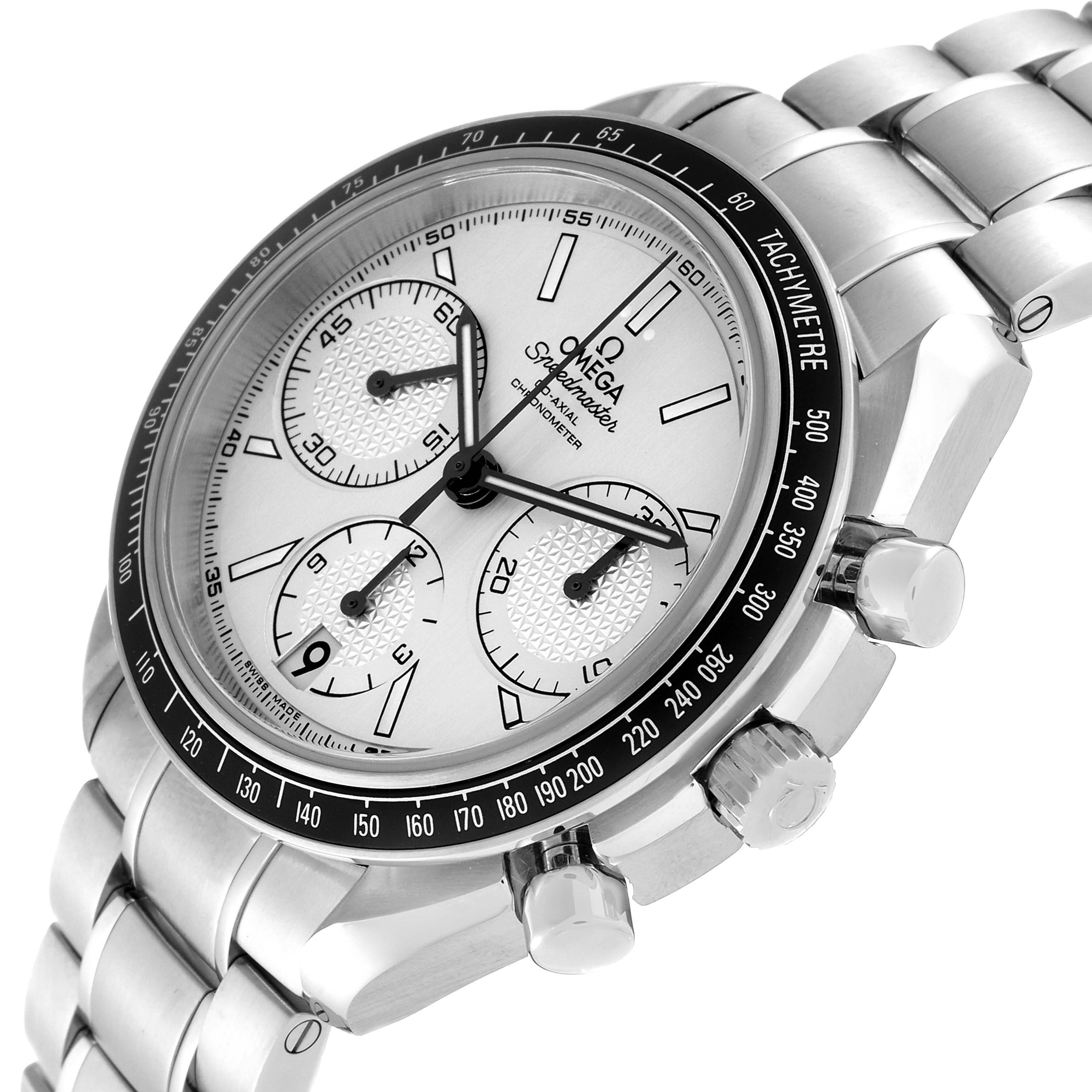 This image shows an angled view of the Omega Speedmaster 326.30.40.50.02.001 Men
s Stainless Steel Silver Dial 326.30.40.50.02.001 Men
s Stainless Steel Silver Dial watch, highlighting its face, bezel, bracelet, and chronograph buttons.