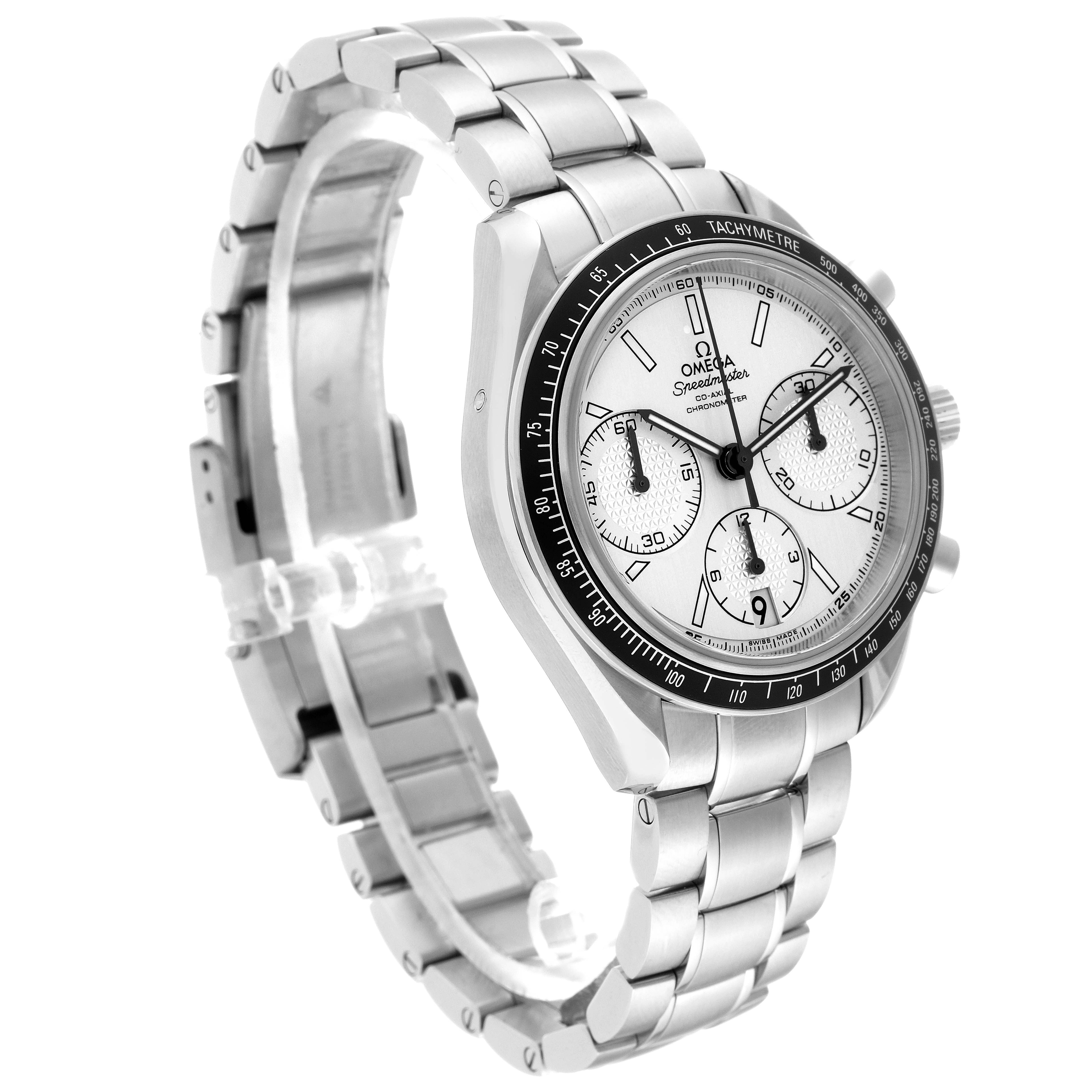 The Omega Speedmaster 326.30.40.50.02.001 Men
s Stainless Steel Silver Dial 326.30.40.50.02.001 Men
s Stainless Steel Silver Dial watch is shown at a slight angled side view, showcasing the face, bezel, and bracelet.