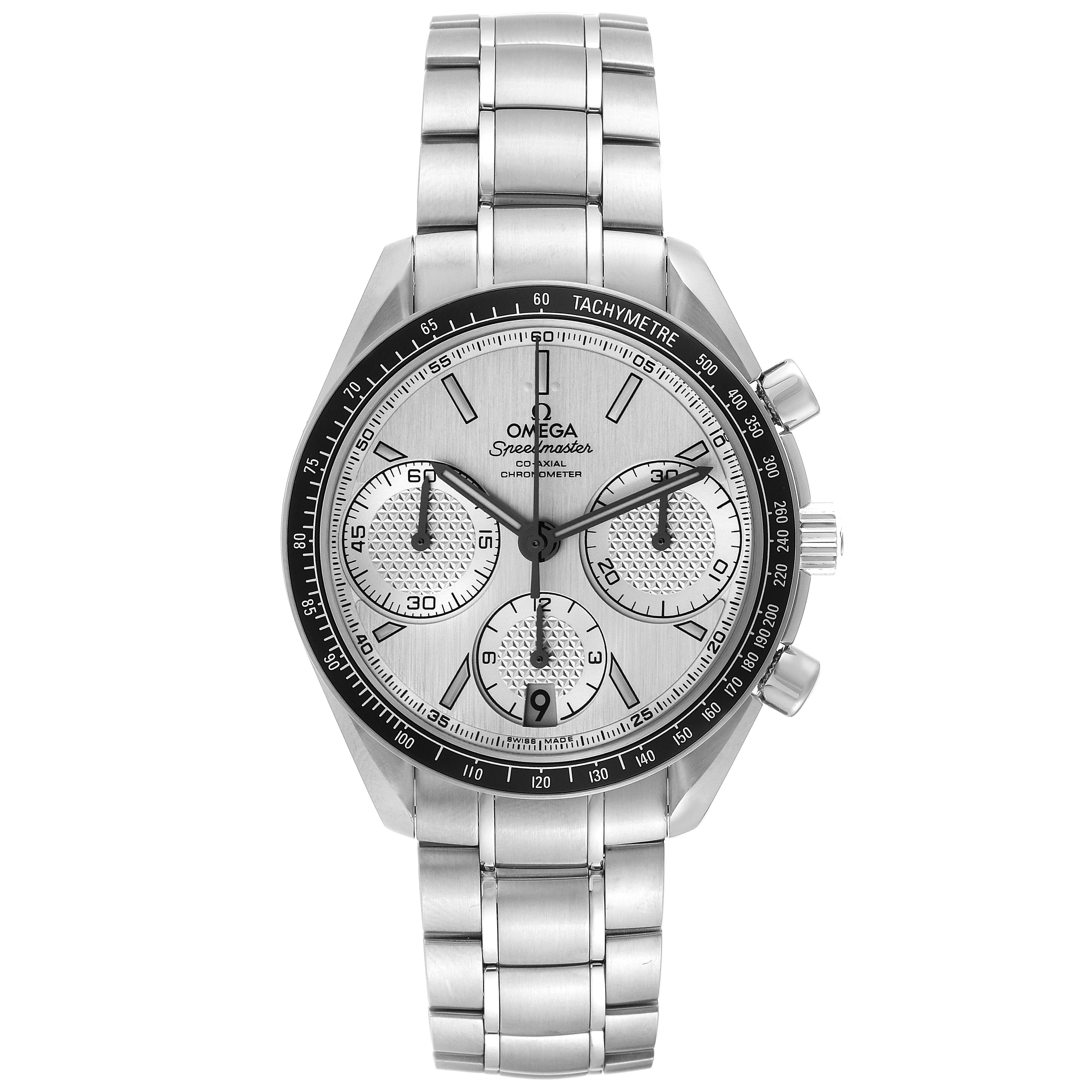 The image shows a frontal view of the Omega Speedmaster 326.30.40.50.02.001 Men
s Stainless Steel Silver Dial 326.30.40.50.02.001 Men
s Stainless Steel Silver Dial watch, highlighting its bezel, crown, subdials, and bracelet.