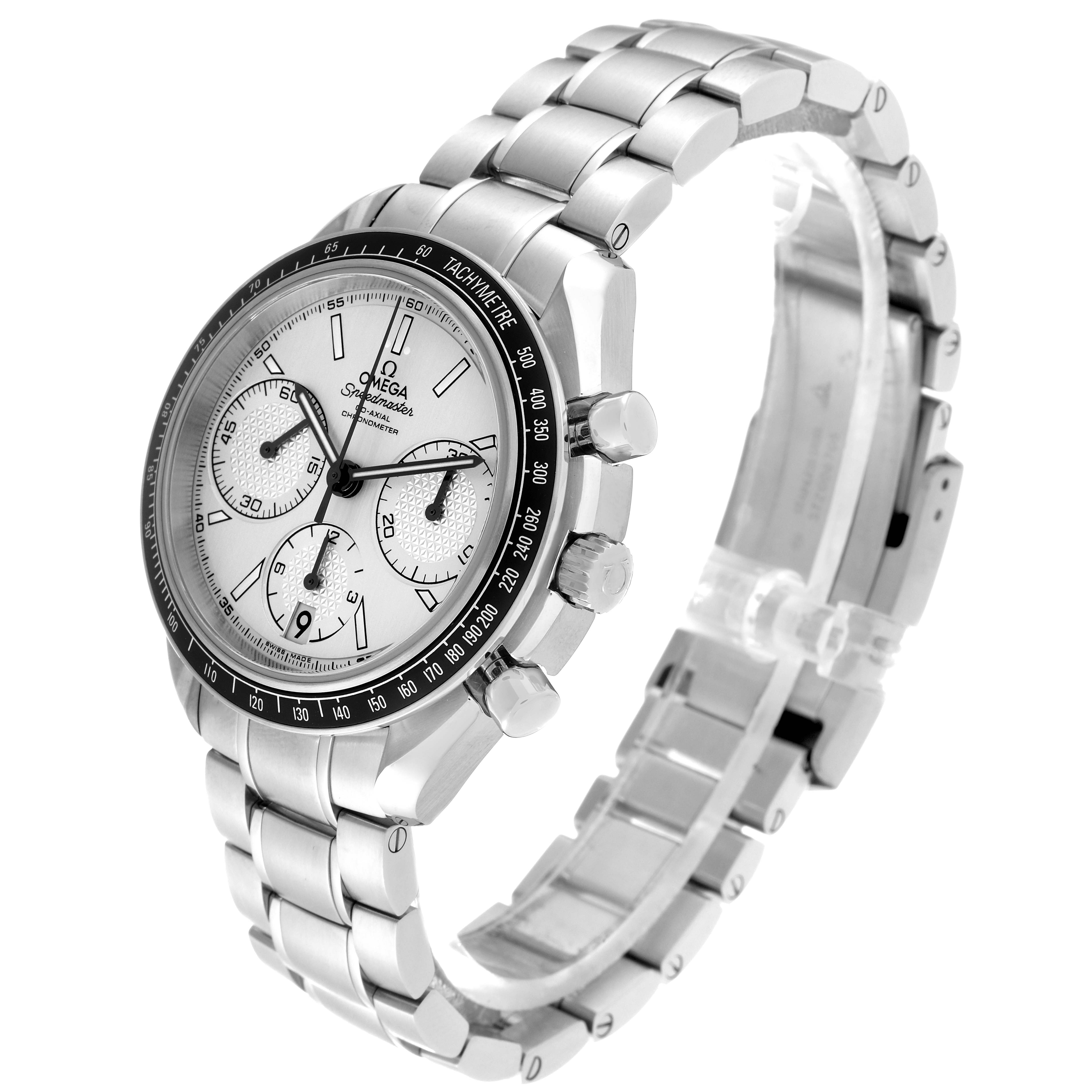 This image shows an Omega Speedmaster 326.30.40.50.02.001 Men
s Stainless Steel Silver Dial 326.30.40.50.02.001 Men
s Stainless Steel Silver Dial watch from a three-quarter angle, highlighting its face, bezel, and metal bracelet.