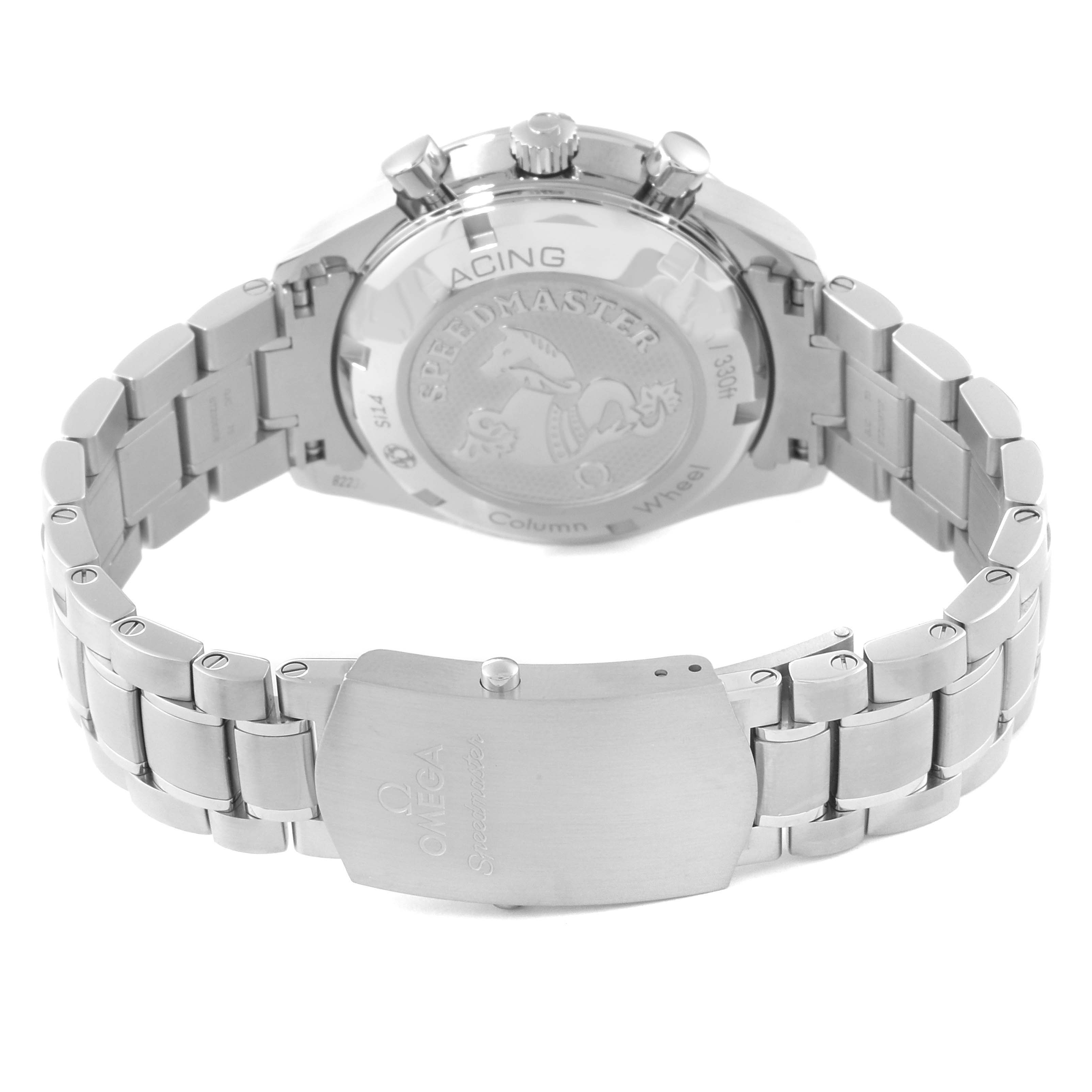 This image shows the back case and metal bracelet of the Omega Speedmaster 326.30.40.50.02.001 Men
s Stainless Steel Silver Dial 326.30.40.50.02.001 Men
s Stainless Steel Silver Dial watch from a rear angle.