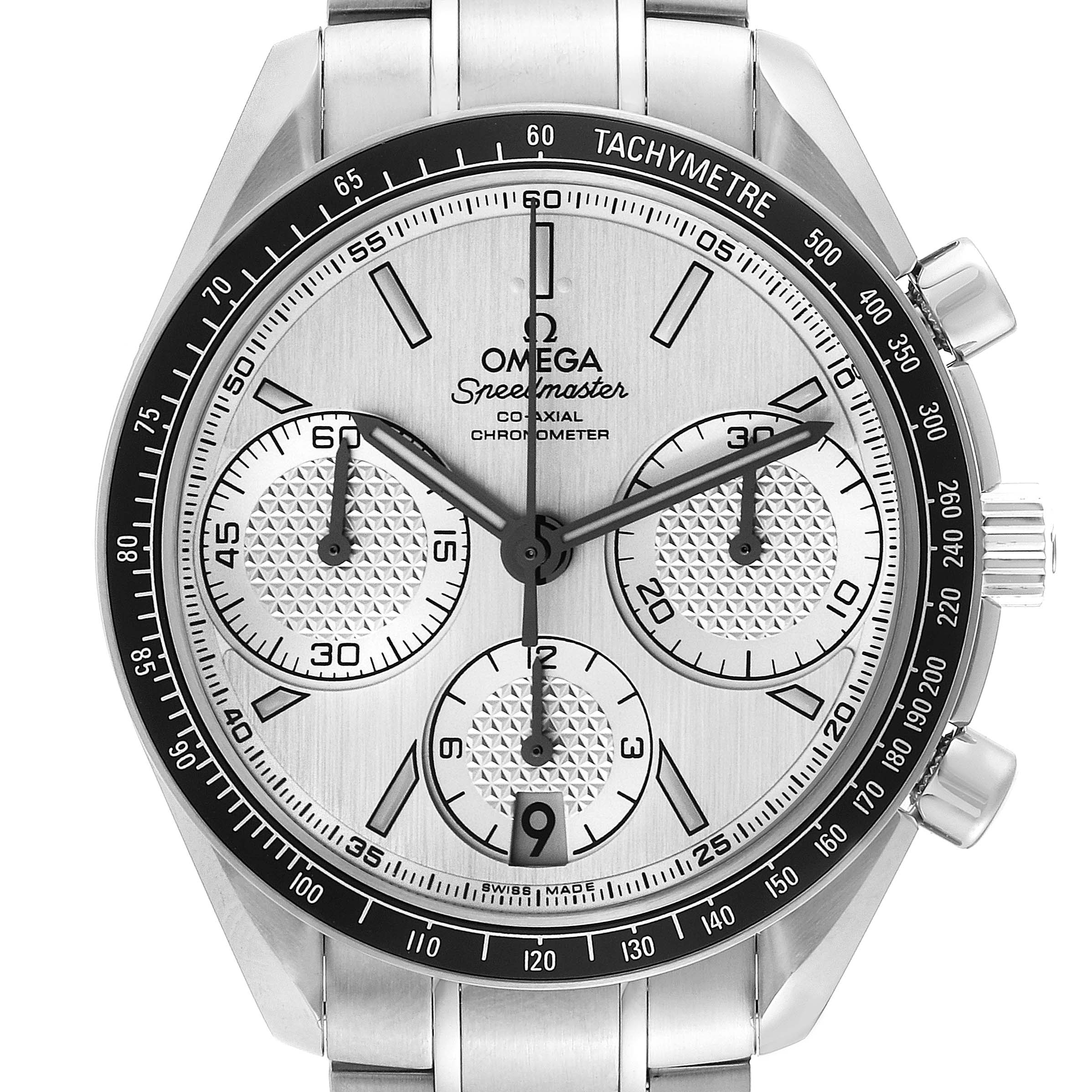The image shows a front view of the Omega Speedmaster 326.30.40.50.02.001 Men
s Stainless Steel Silver Dial 326.30.40.50.02.001 Men
s Stainless Steel Silver Dial watch, displaying its dial, sub-dials, and chronograph functions.