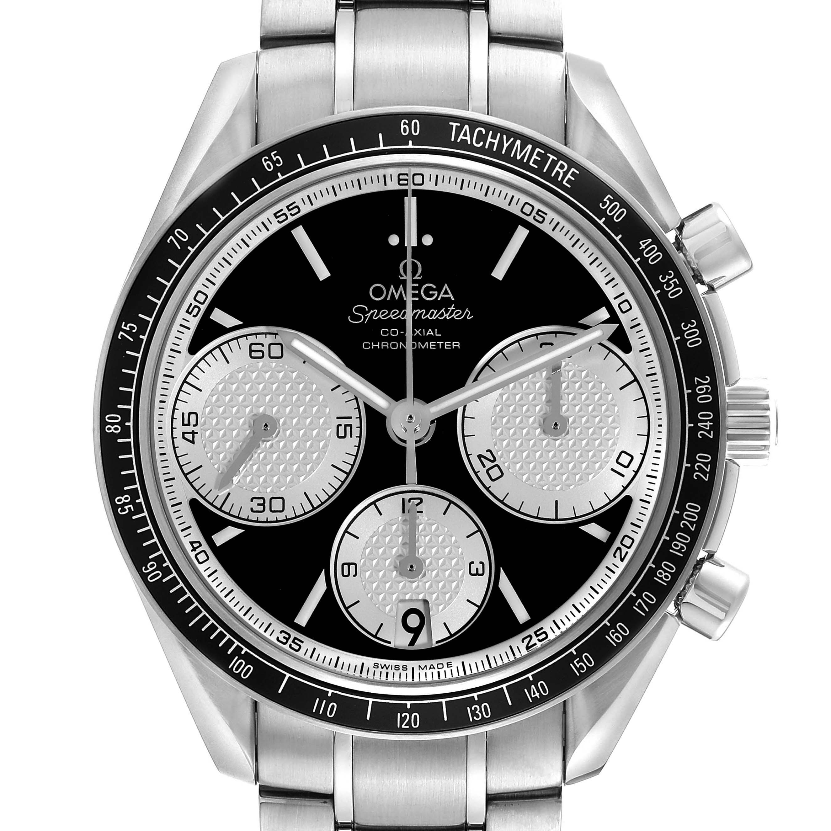The image shows a front view of an Omega Speedmaster 326.30.40.50.01.002 Men
s Stainless Steel Black Dial 326.30.40.50.01.002 Men
s Stainless Steel Black Dial, detailing the dial, subdials, tachymeter bezel, and stainless steel bracelet.
