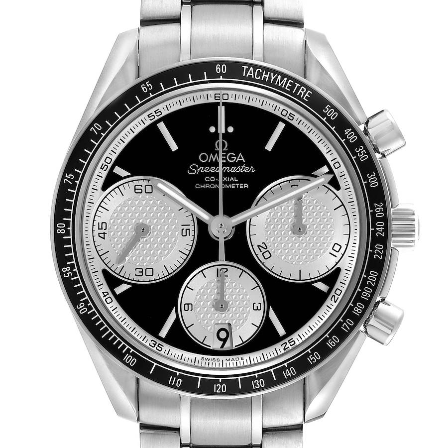 The image shows a front view of an Omega Speedmaster, detailing the dial, subdials, tachymeter bezel, and stainless steel bracelet.
