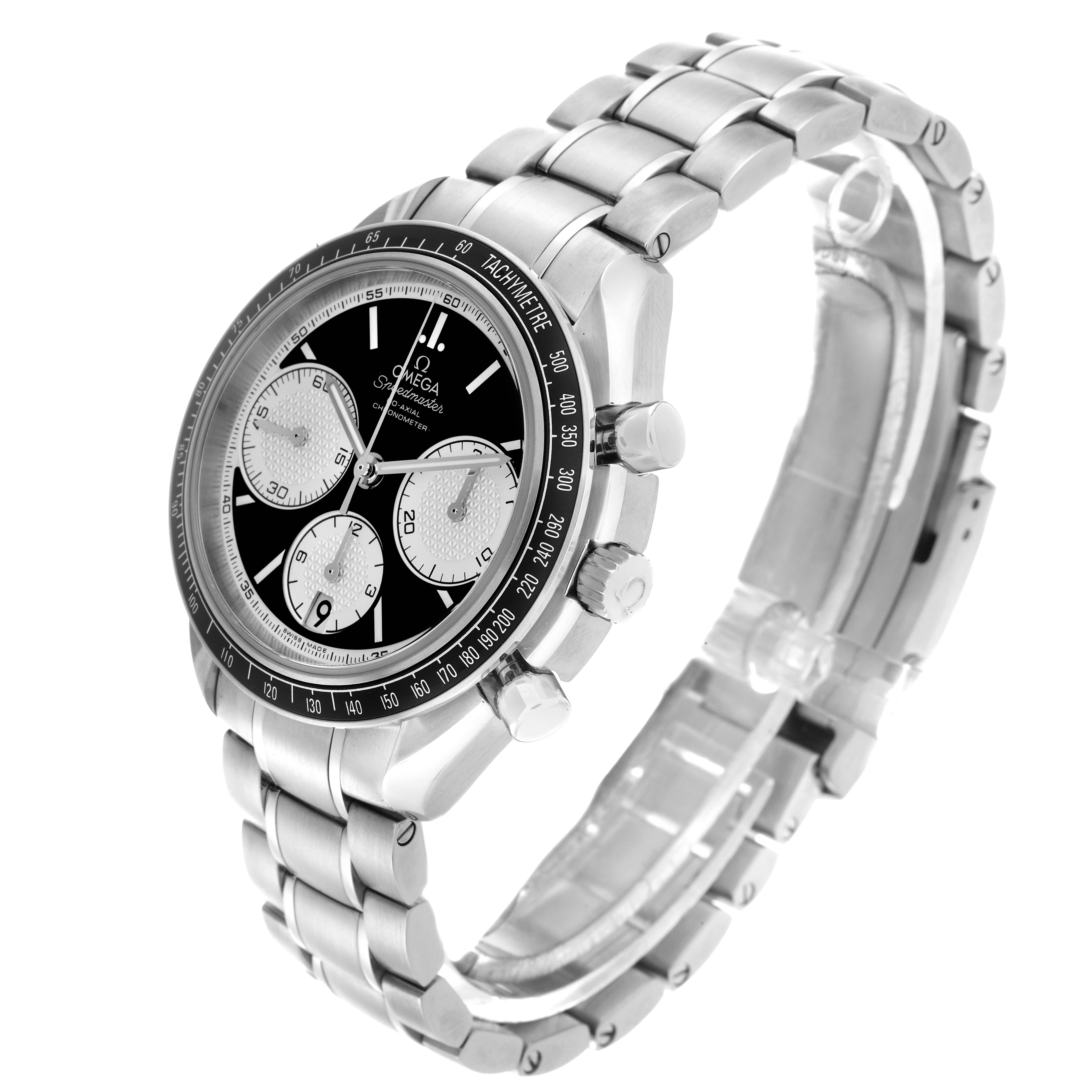 The Omega Speedmaster 326.30.40.50.01.002 Men
s Stainless Steel Black Dial 326.30.40.50.01.002 Men
s Stainless Steel Black Dial is shown at an angled side view, highlighting the face, bezel, pushers, and stainless steel bracelet.
