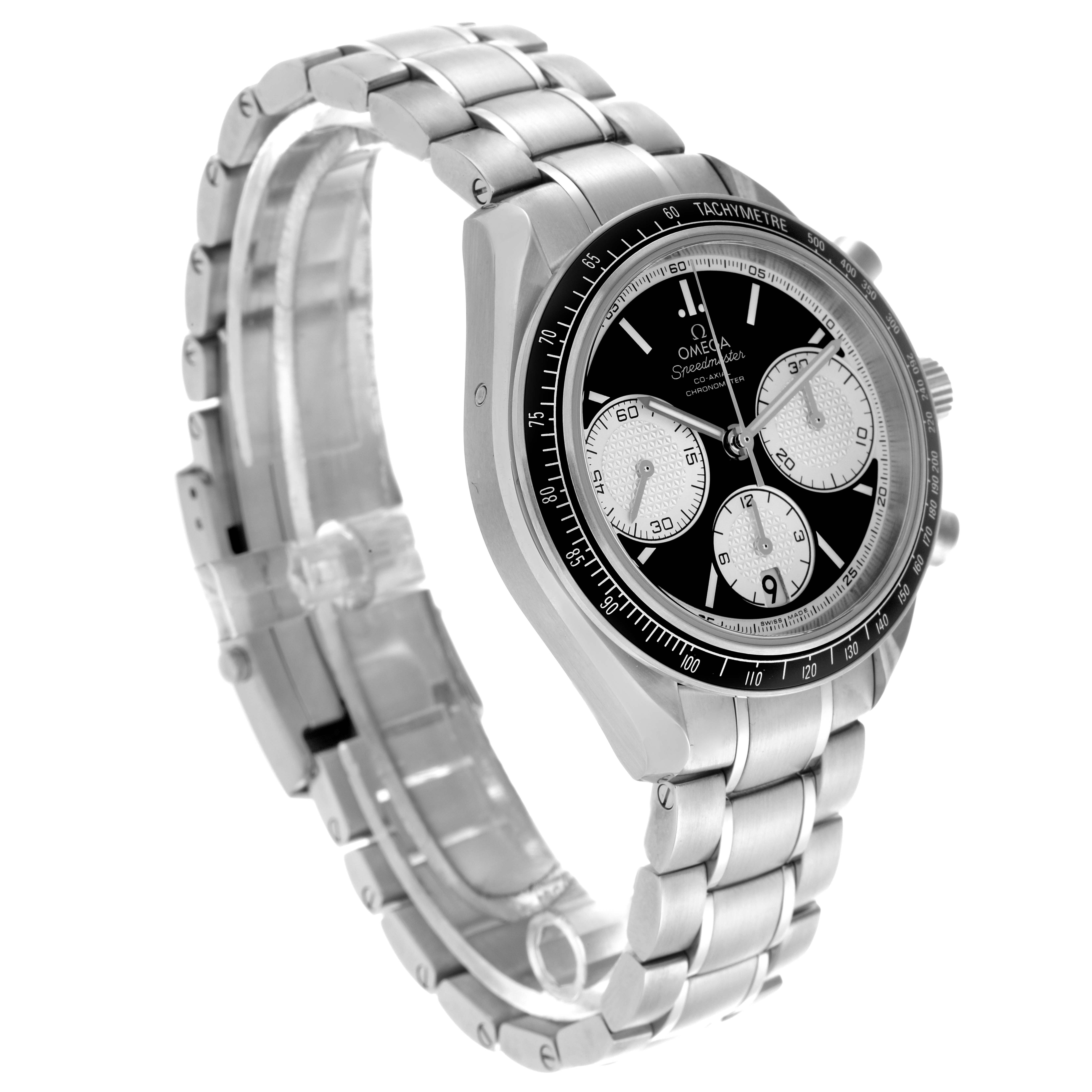 The Omega Speedmaster 326.30.40.50.01.002 Men
s Stainless Steel Black Dial 326.30.40.50.01.002 Men
s Stainless Steel Black Dial watch is shown at a three-quarter angle, highlighting the dial, tachymeter bezel, and metal bracelet.